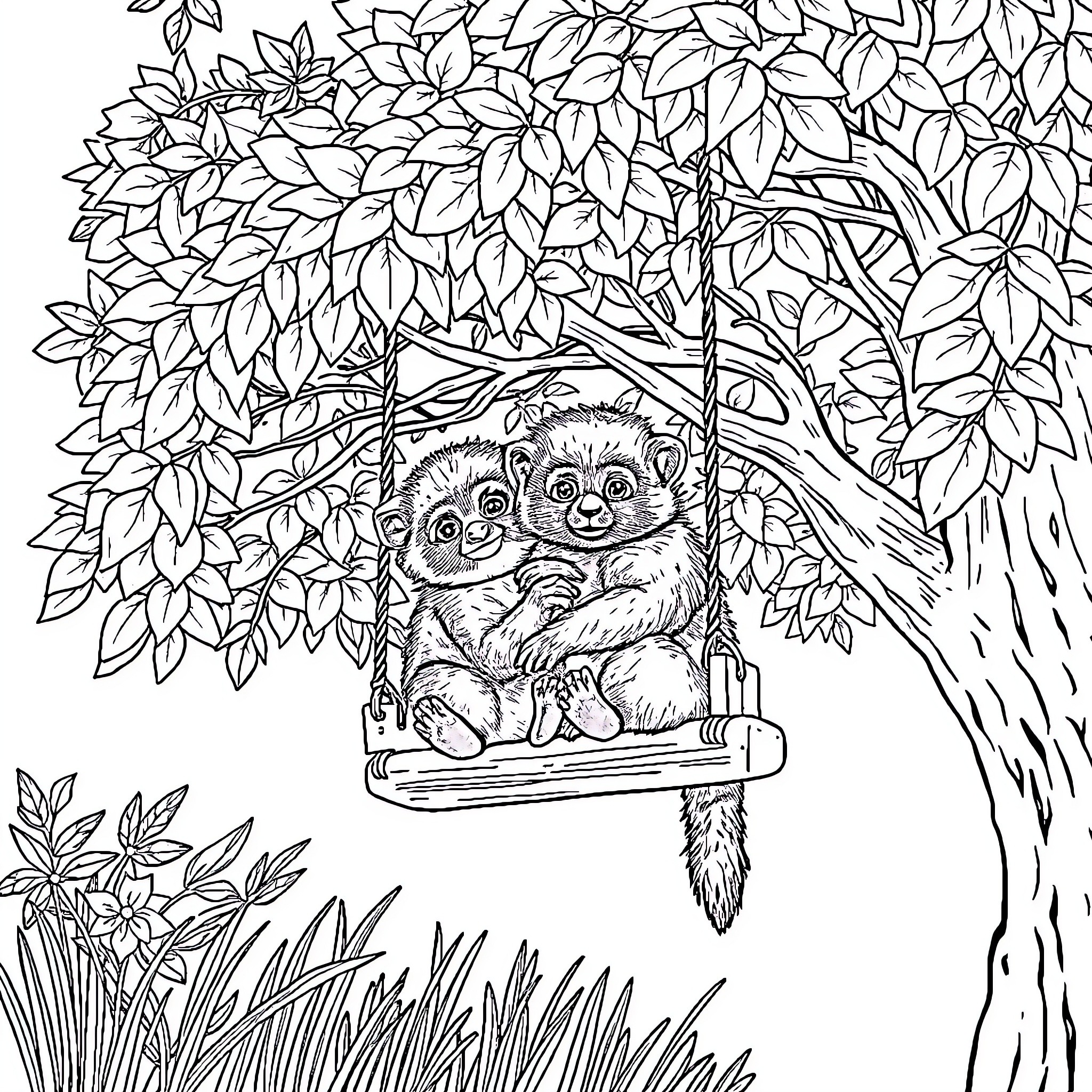 Sloth friends enjoying a playful moment in nature Coloring Page (free black-and-white line drawing printable PDF for all, from beginners to advanced learners, including children, teens, adults, and seniors)