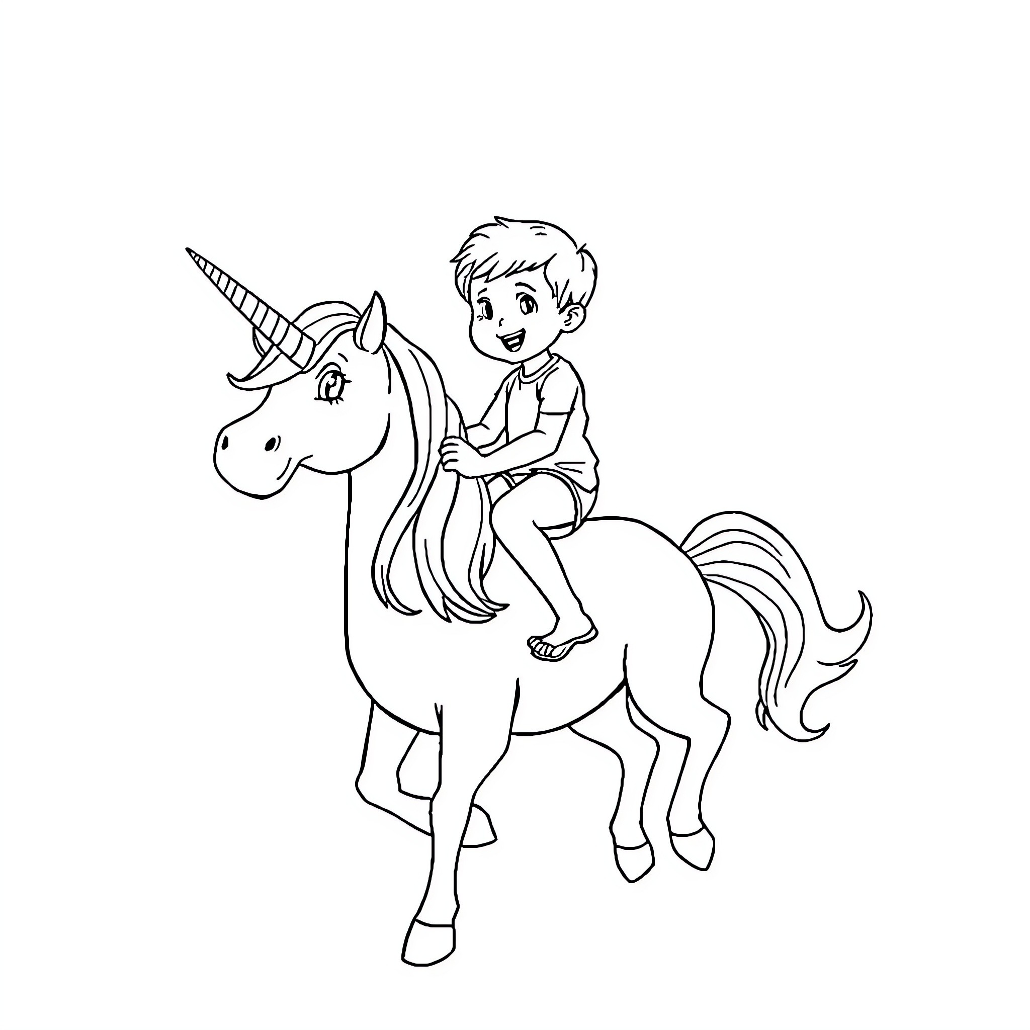 Unicorn ride with a joyful boy Coloring Page (free black-and-white line drawing printable PDF for all, from beginners to advanced learners, including children, teens, adults, and seniors)