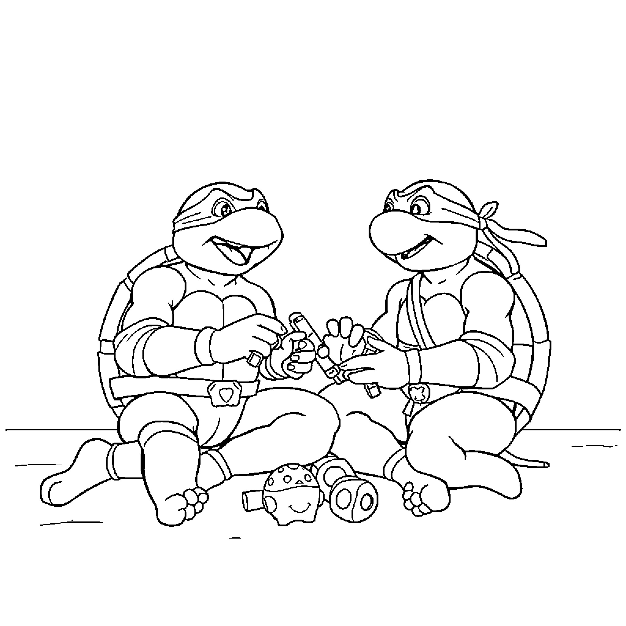 Ninja Turtles playing with toys on the floor Coloring Page (free black-and-white line drawing printable PDF for all, from beginners to advanced learners, including children, teens, adults, and seniors)