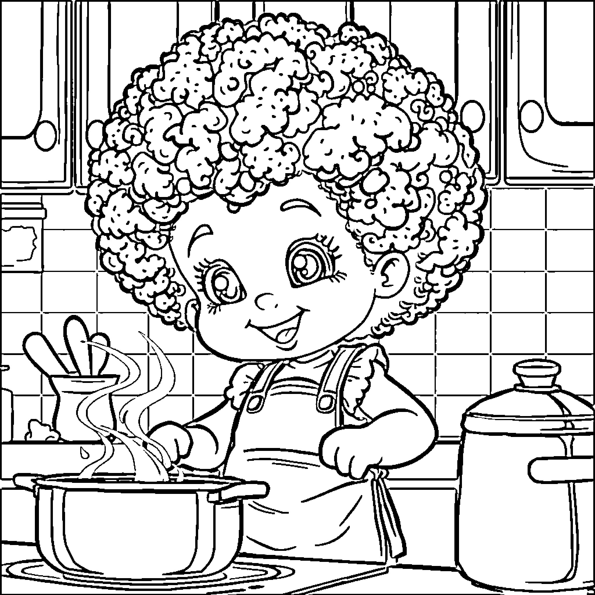 Baby cooking joyfully in kitchen Coloring Page (free black-and-white line drawing printable PDF for all, from beginners to advanced learners, including children, teens, adults, and seniors)