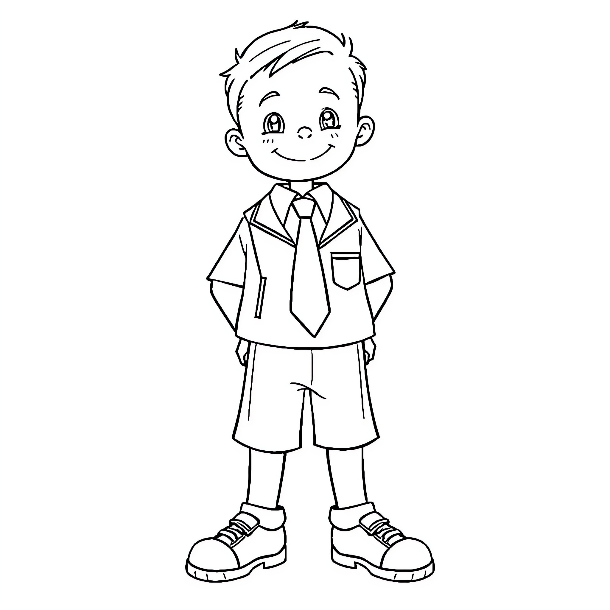 Kid in school uniform with cheerful expression Coloring Page (free black-and-white line drawing printable PDF for all, from beginners to advanced learners, including children, teens, adults, and seniors)