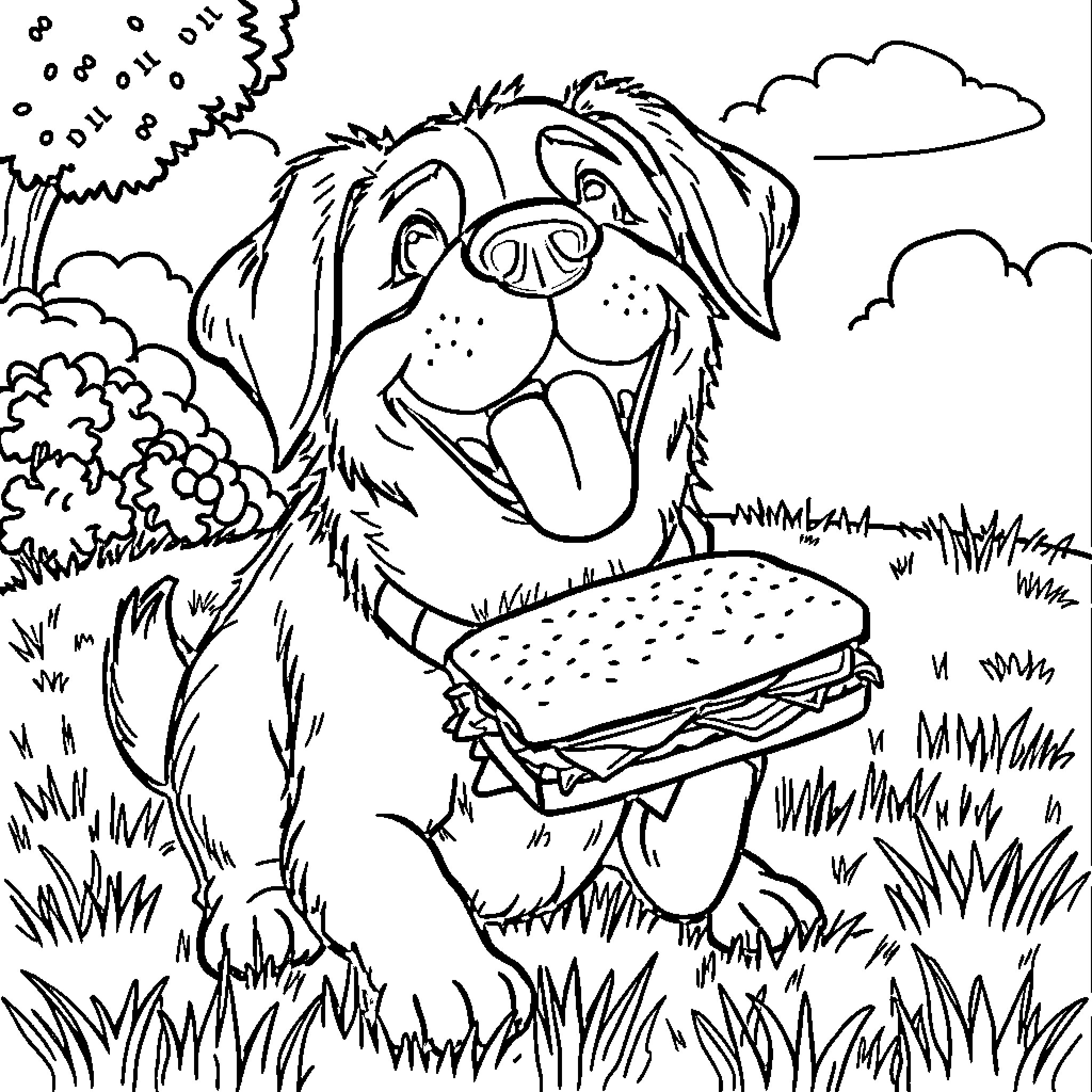Dog enjoying a tasty sandwich in the countryside Coloring Page (free black-and-white line drawing printable PDF for all, from beginners to advanced learners, including children, teens, adults, and seniors)