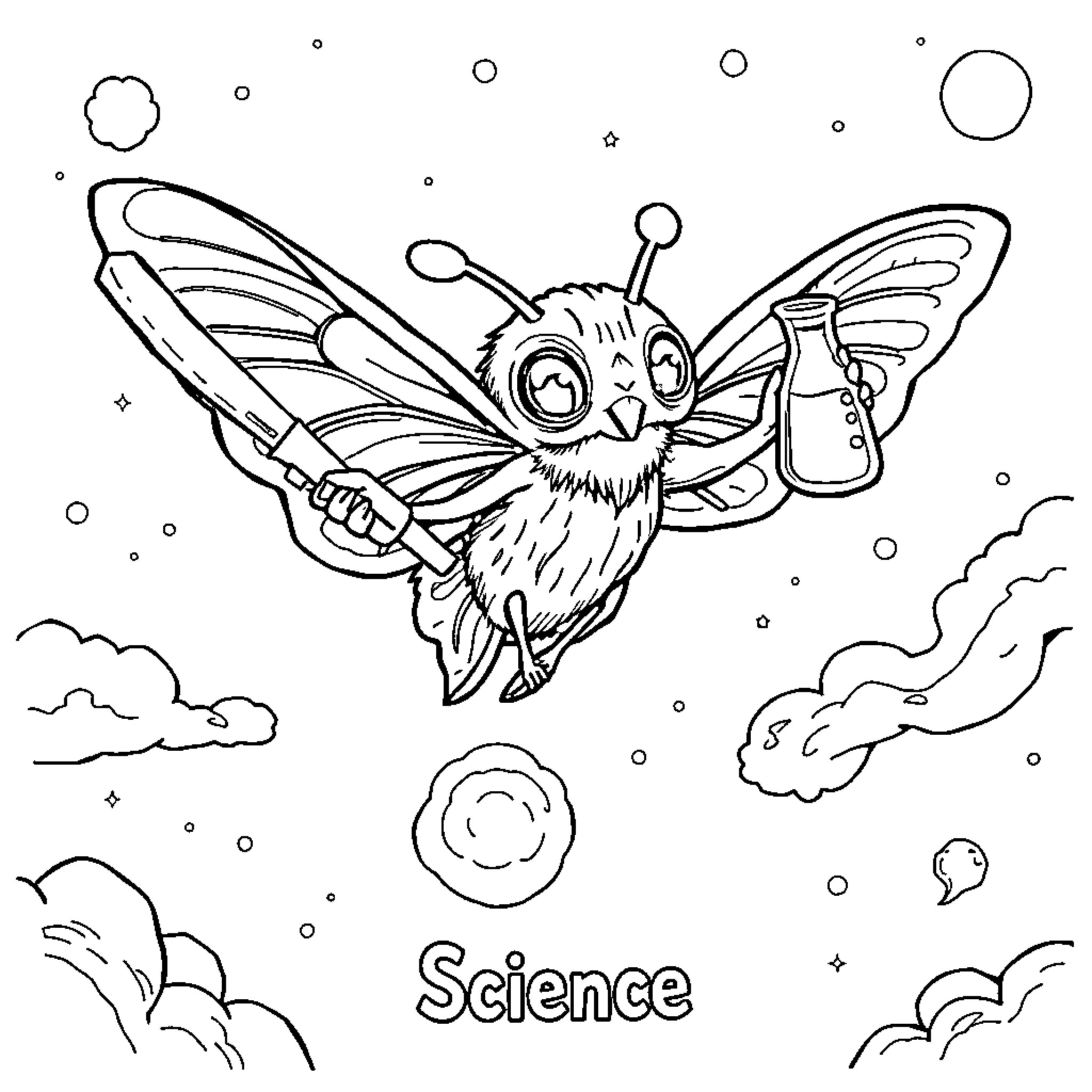 Mothman conducting mysterious science experiments in the night sky Coloring Page (free black-and-white line drawing printable PDF for all, from beginners to advanced learners, including children, teens, adults, and seniors)