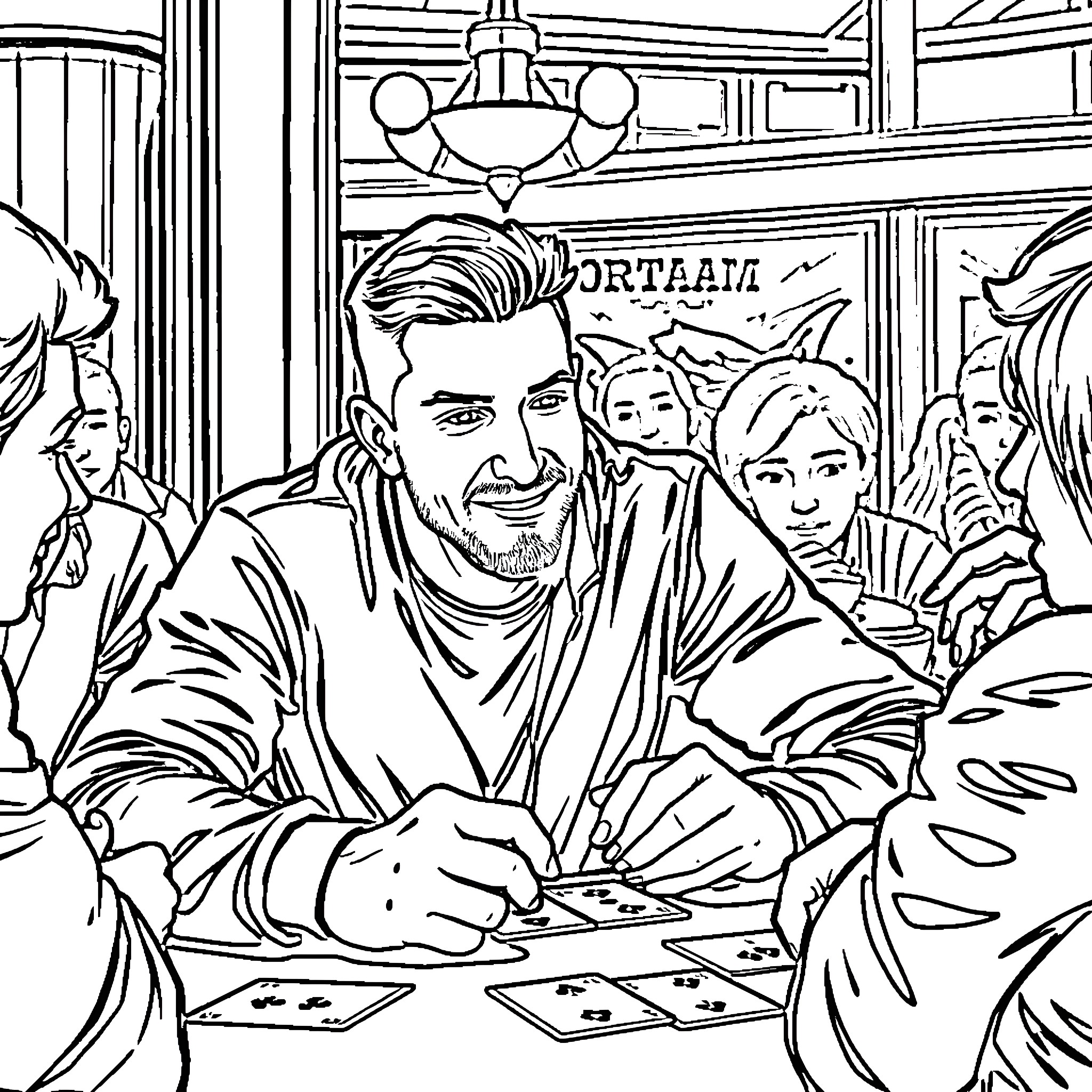 Jason Tatum playing cards with friends in a tavern Coloring Page (free black-and-white line drawing printable PDF for all, from beginners to advanced learners, including children, teens, adults, and seniors)