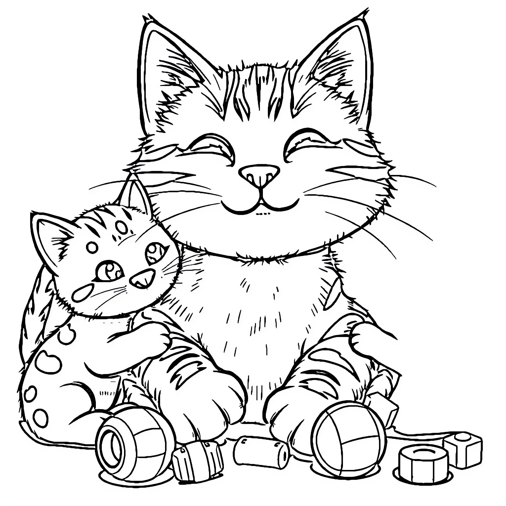 Cat playing with toys and accessories Coloring Page (free black-and-white line drawing printable PDF for all, from beginners to advanced learners, including children, teens, adults, and seniors)