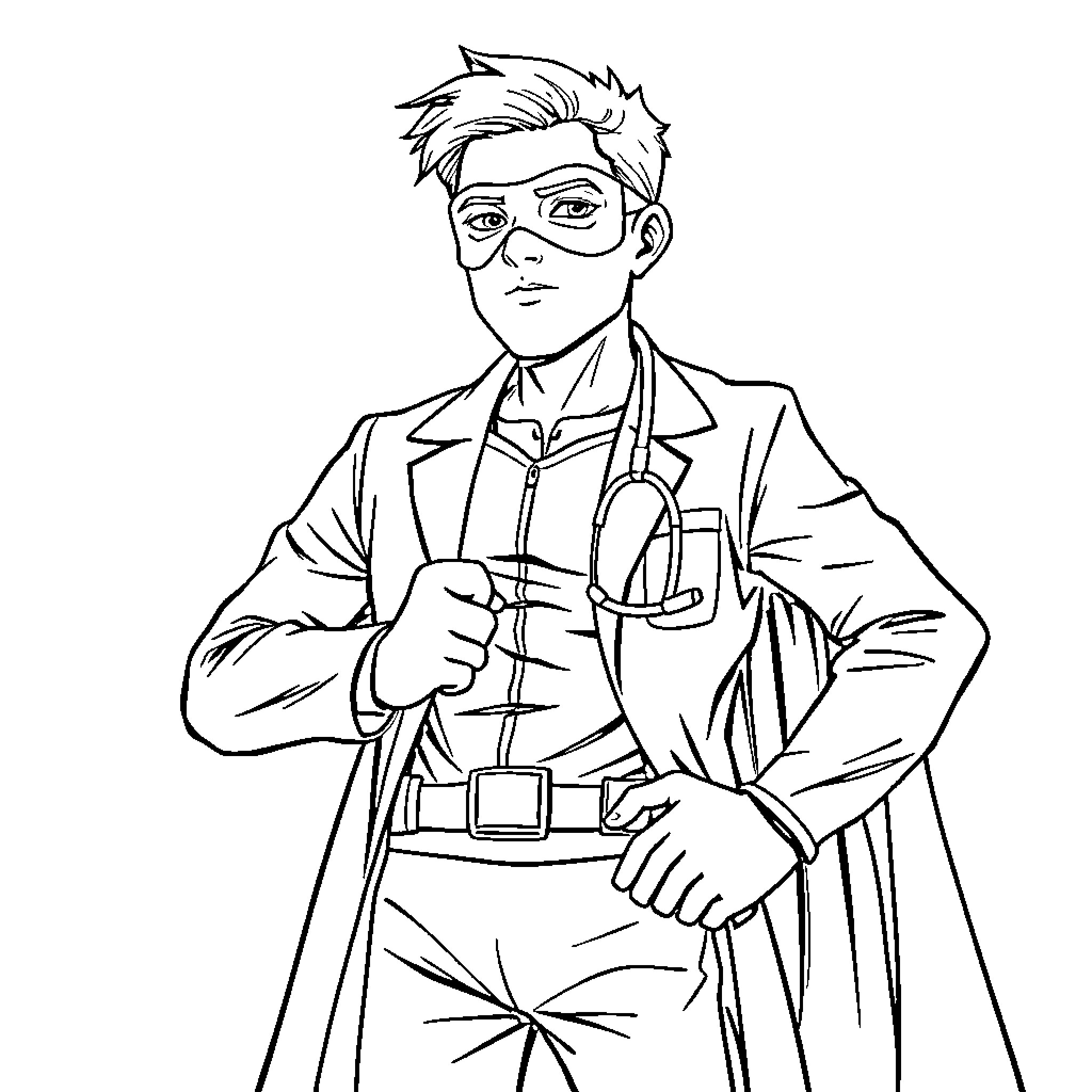 Doctor examining patient with serious expression Coloring Page (free black-and-white line drawing printable PDF for all, from beginners to advanced learners, including children, teens, adults, and seniors)