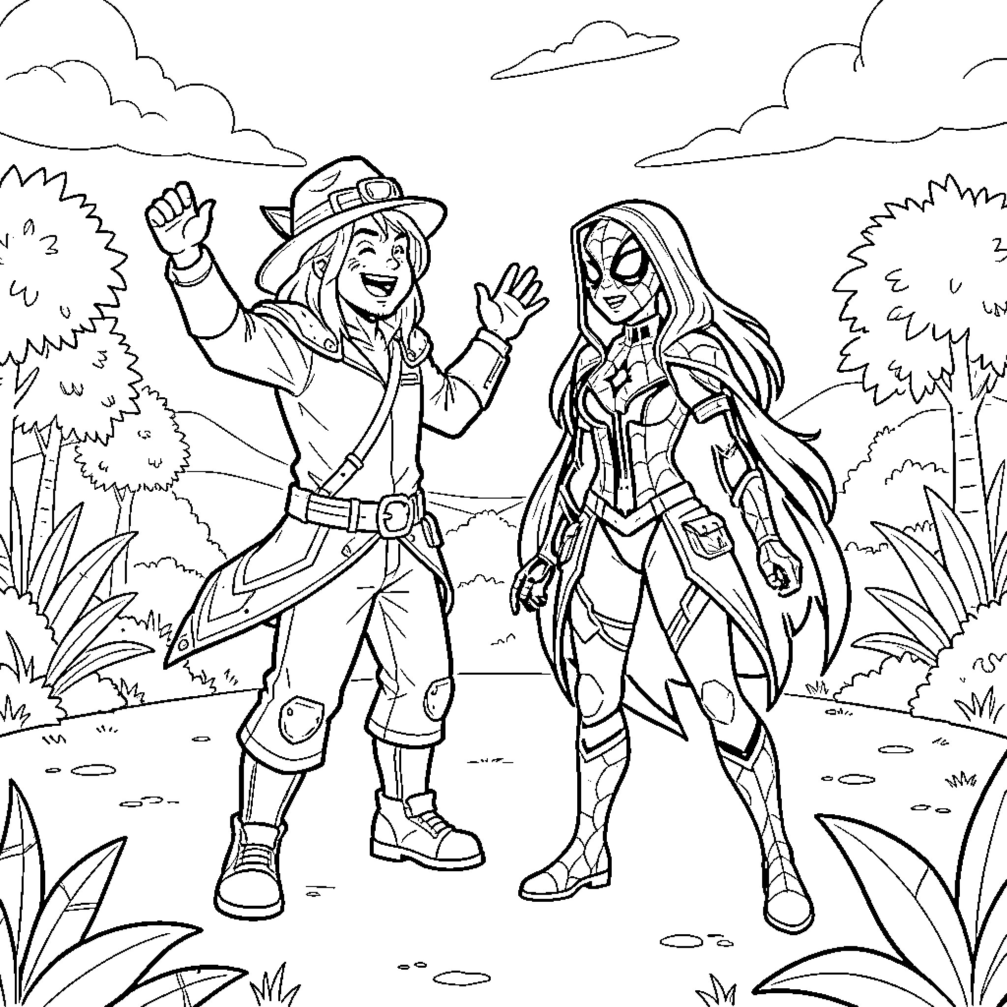 Alolan Triopiqueur characters posing joyfully in a tropical landscape Coloring Page (free black-and-white line drawing printable PDF for all, from beginners to advanced learners, including children, teens, adults, and seniors)