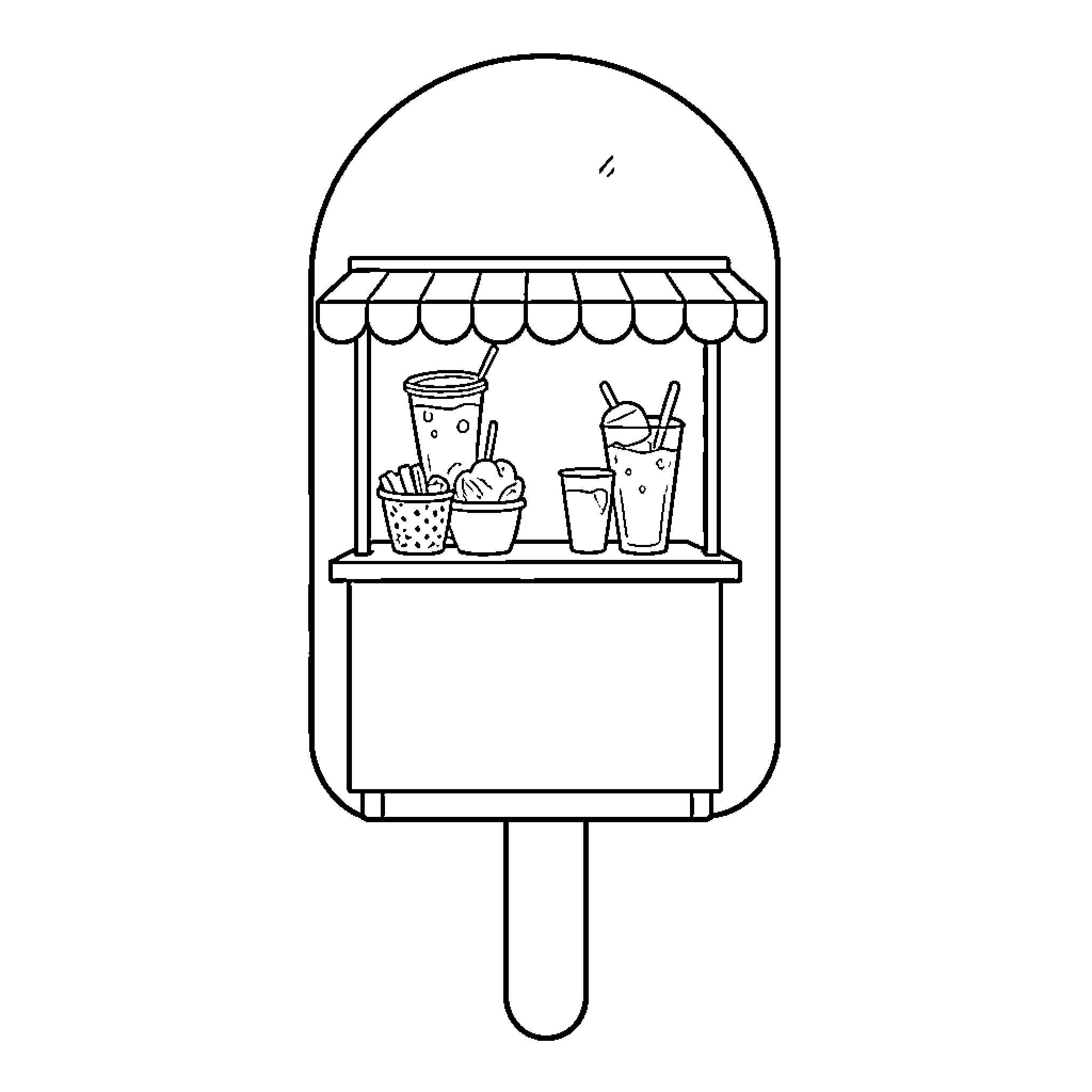 Popsicle shaped stand serving refreshing summer drinks Coloring Page (free black-and-white line drawing printable PDF for all, from beginners to advanced learners, including children, teens, adults, and seniors)