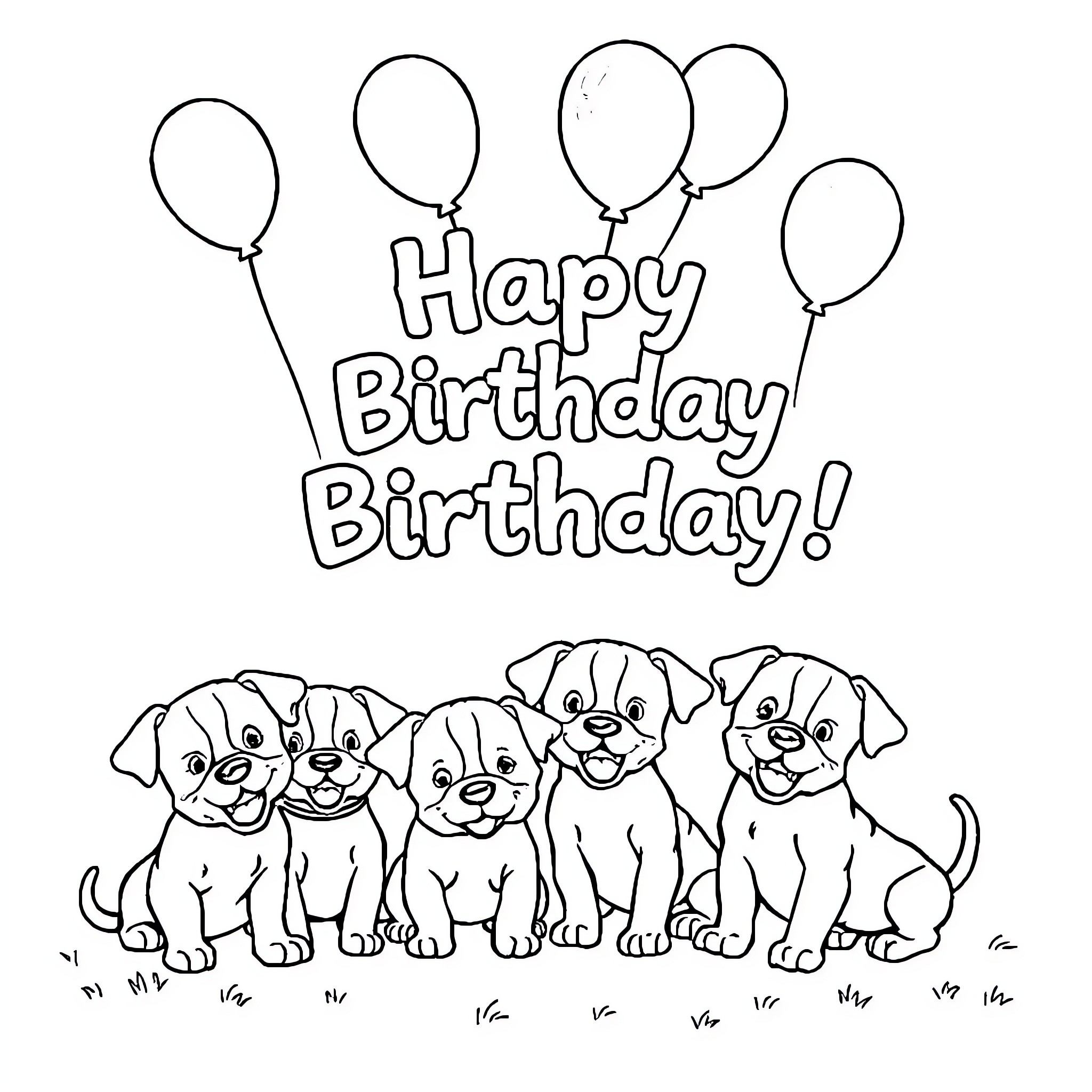 Puppy Birthday Celebration with Balloons Coloring Page (free black-and-white line drawing printable PDF for all, from beginners to advanced learners, including children, teens, adults, and seniors)