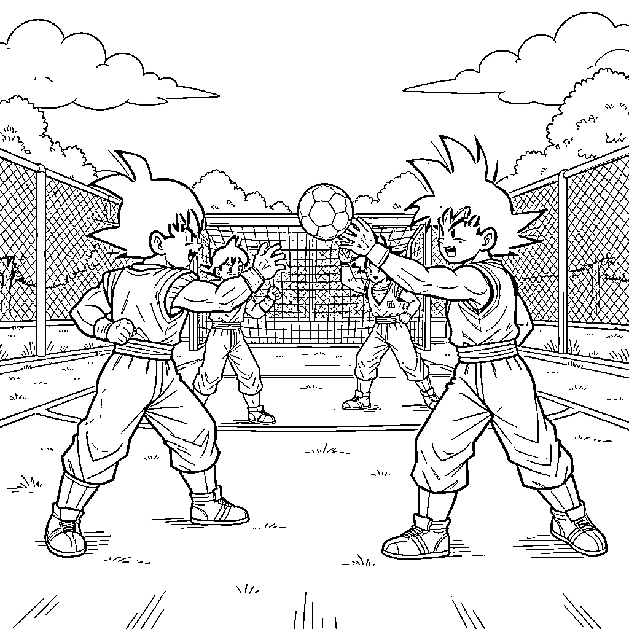 Dragon Ball Z characters playing soccer on a court Coloring Page (free black-and-white line drawing printable PDF for all, from beginners to advanced learners, including children, teens, adults, and seniors)