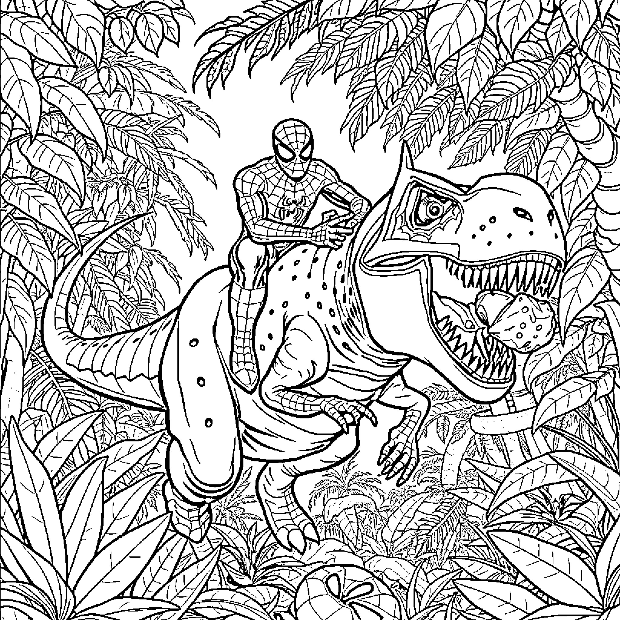 Spiderman rides a ferocious dinosaur in the jungle Coloring Page (free black-and-white line drawing printable PDF for all, from beginners to advanced learners, including children, teens, adults, and seniors)