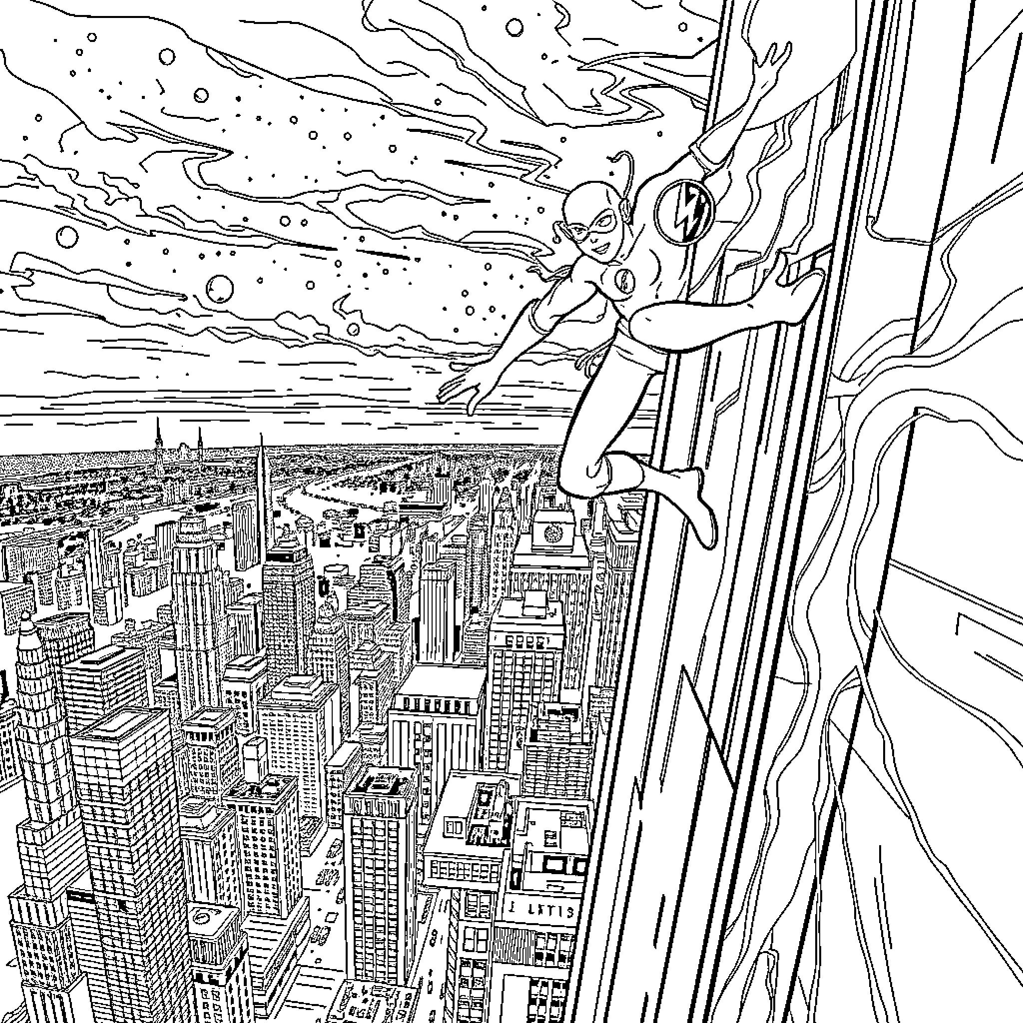 Flash soaring above the city skyline Coloring Page (free black-and-white line drawing printable PDF for all, from beginners to advanced learners, including children, teens, adults, and seniors)