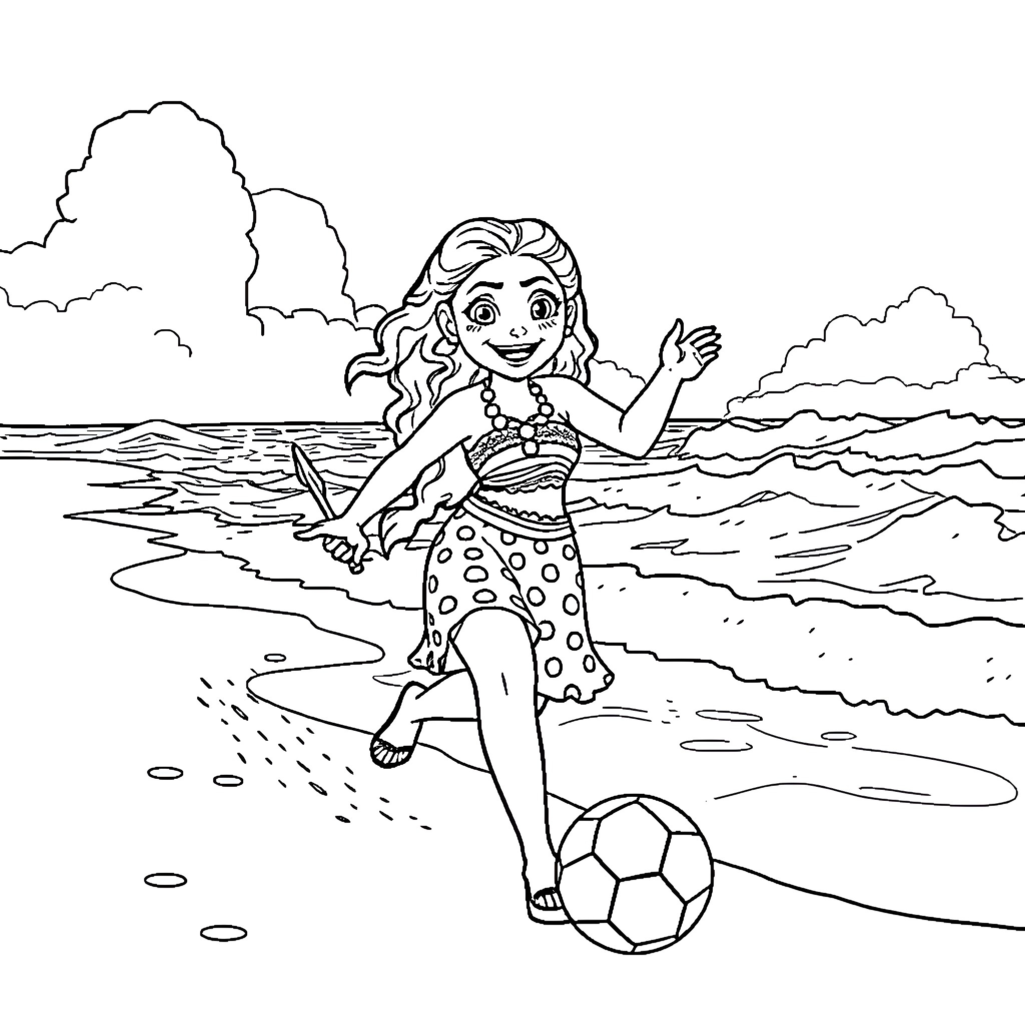Moana playing with a soccer ball on the beach Coloring Page (free black-and-white line drawing printable PDF for all, from beginners to advanced learners, including children, teens, adults, and seniors)