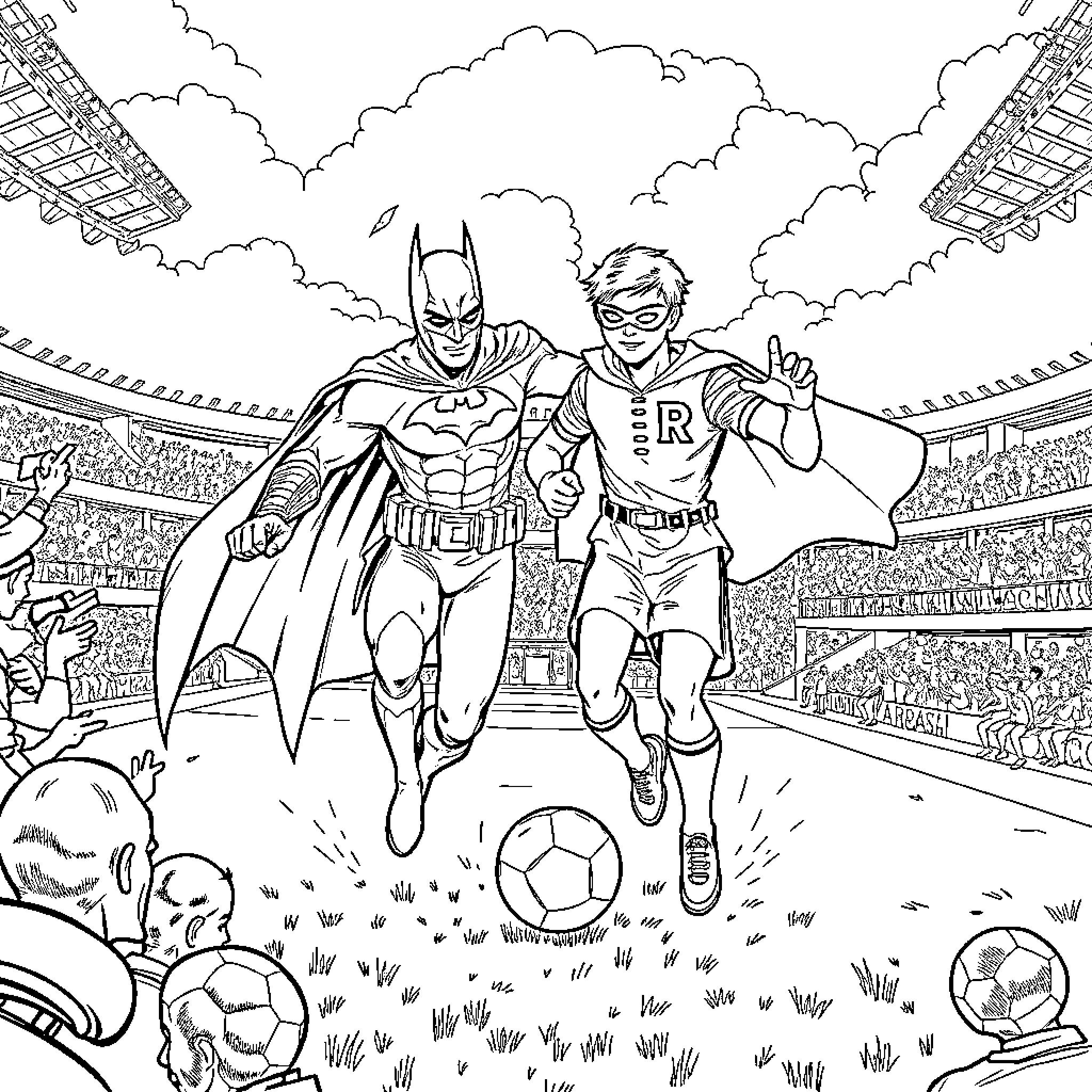 Batman and Robin's heroic soccer match Coloring Page (free black-and-white line drawing printable PDF for all, from beginners to advanced learners, including children, teens, adults, and seniors)