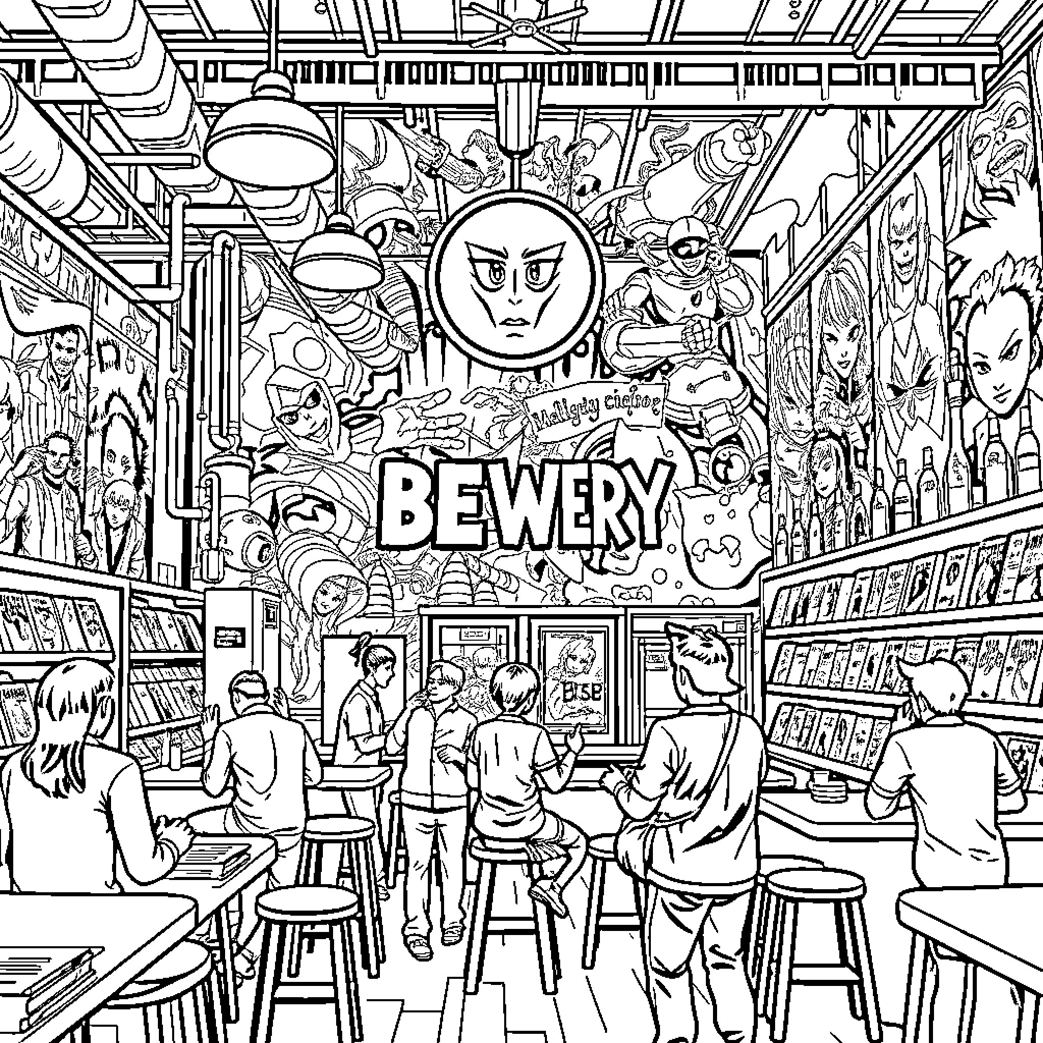 Brewery: Lively Scene of Patrons and Artistic Decor Coloring Page (free black-and-white line drawing printable PDF for all, from beginners to advanced learners, including children, teens, adults, and seniors)