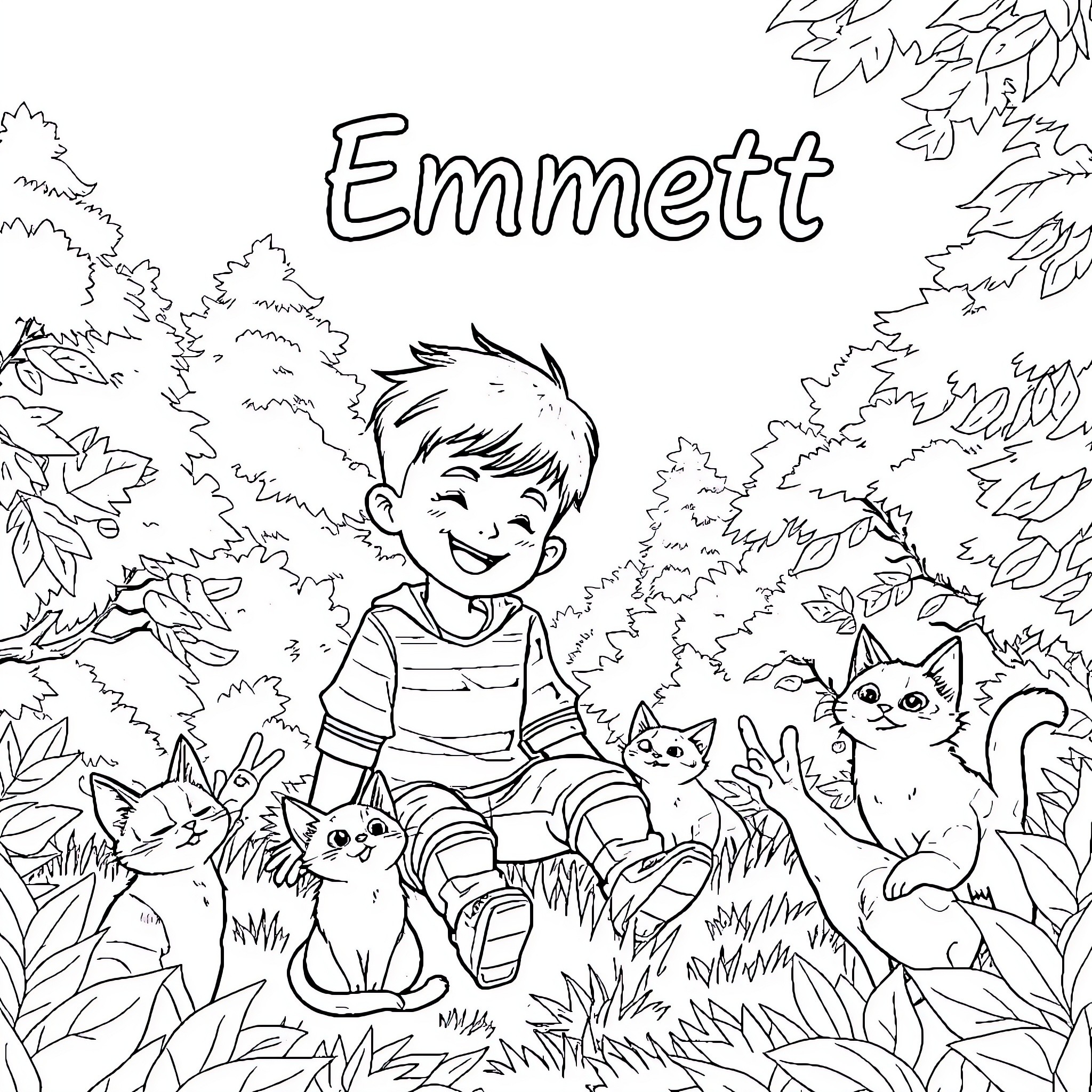 Boy playing with kittens in the forest Coloring Page (free black-and-white line drawing printable PDF for all, from beginners to advanced learners, including children, teens, adults, and seniors)
