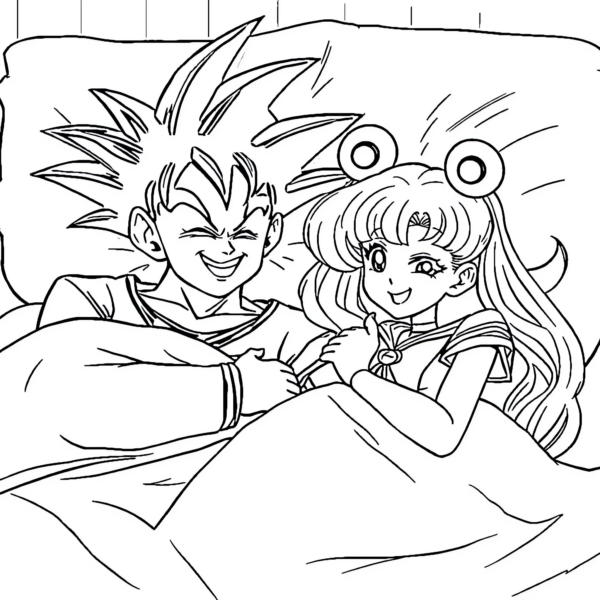 Goku and Anime Girl in Action Poses Coloring Page (free black-and-white line drawing printable PDF for all, from beginners to advanced learners, including children, teens, adults, and seniors)