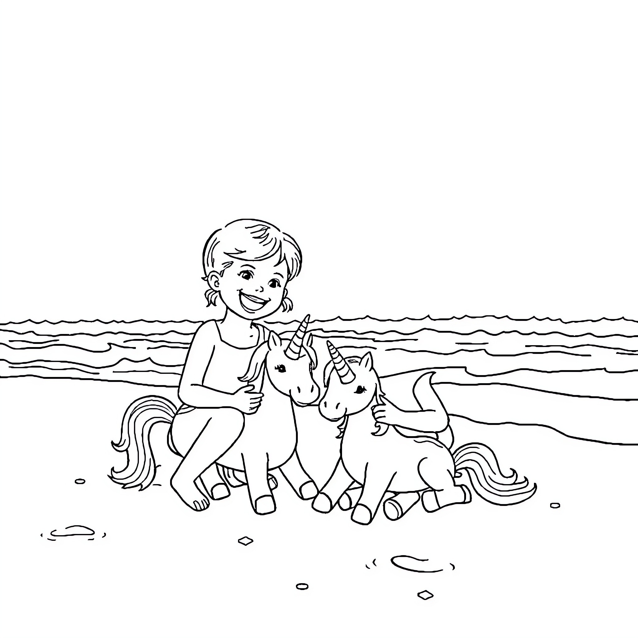 Girl playing with unicorns on the beach Coloring Page (free black-and-white line drawing printable PDF for all, from beginners to advanced learners, including children, teens, adults, and seniors)