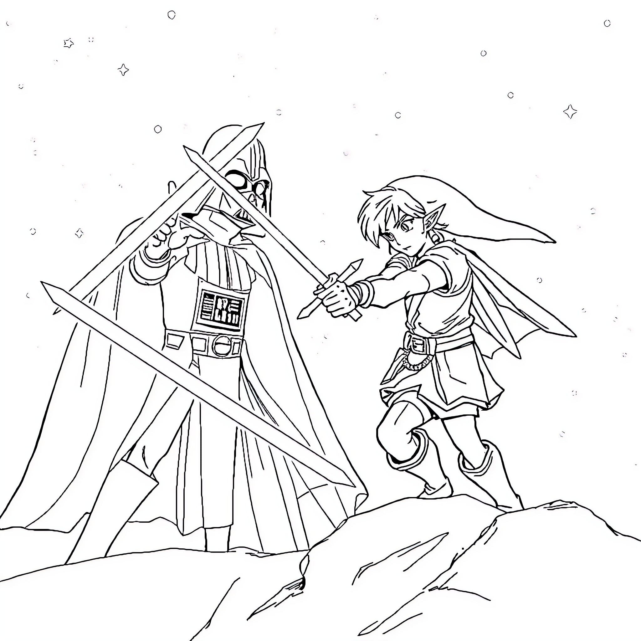 Link battling the Dark Lord in a snowy landscape Coloring Page (free black-and-white line drawing printable PDF for all, from beginners to advanced learners, including children, teens, adults, and seniors)