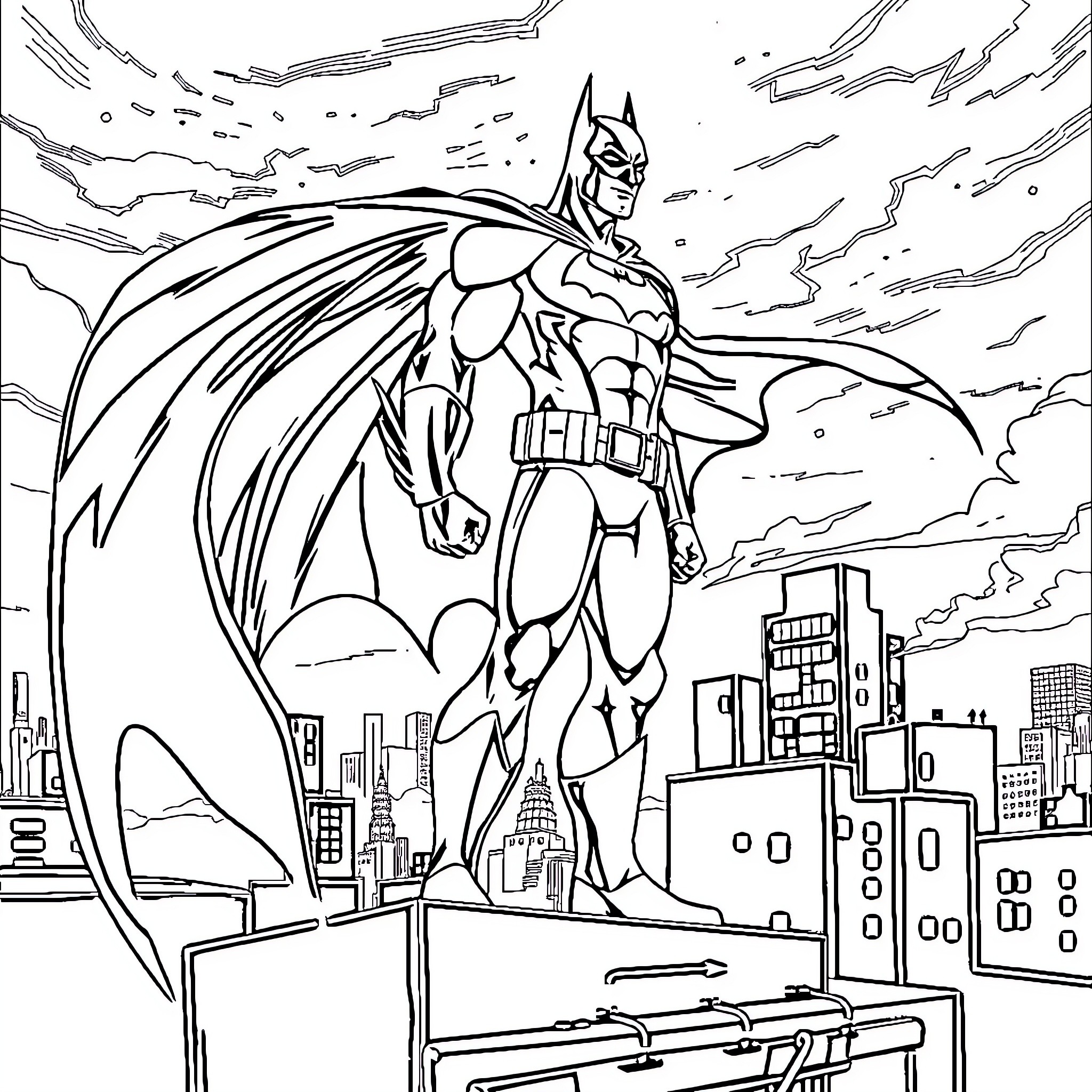 Batman heroically surveying the city skyline Coloring Page (free black-and-white line drawing printable PDF for all, from beginners to advanced learners, including children, teens, adults, and seniors)
