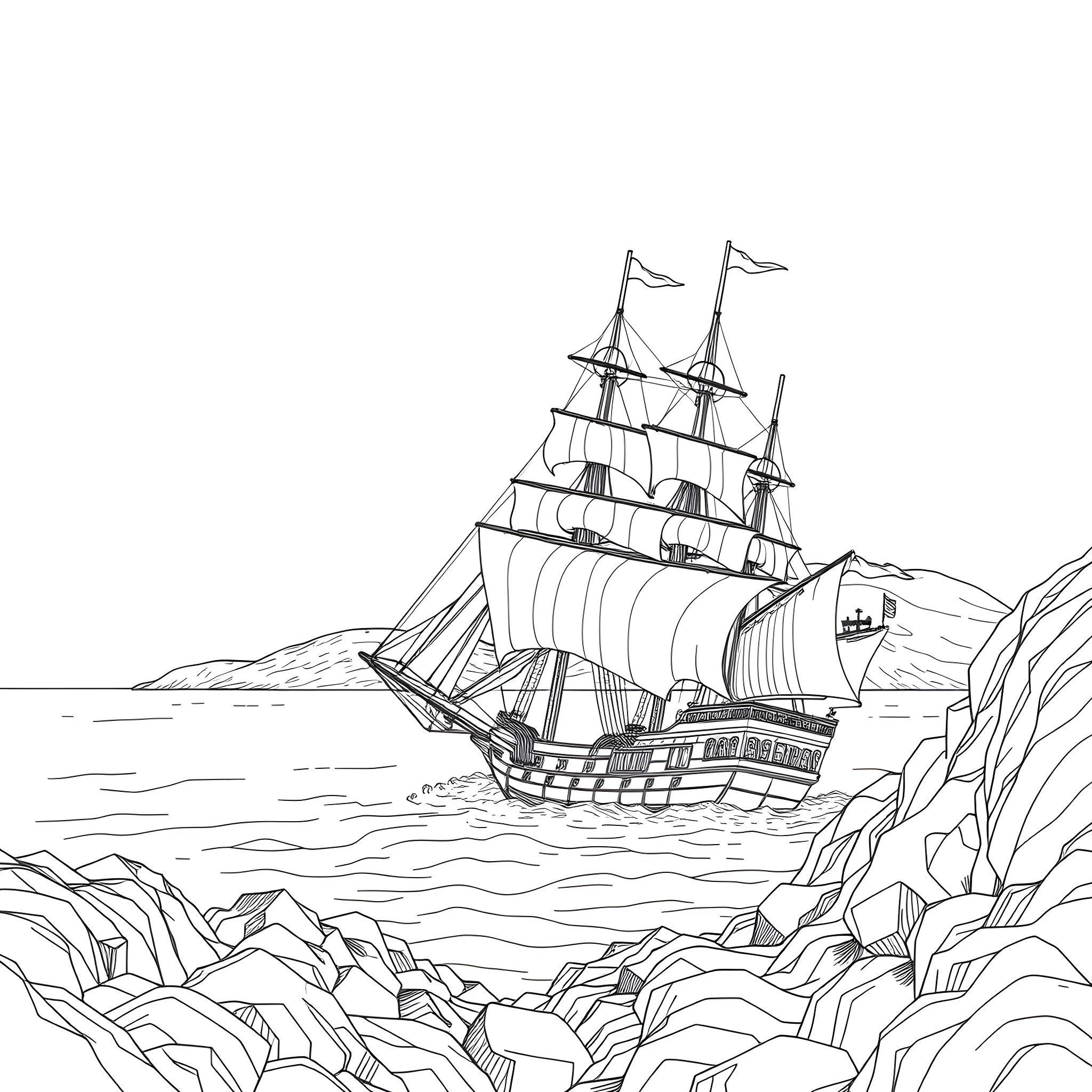 Galleon sailing through rocky coastal waters Coloring Page (free black-and-white line drawing printable PDF for all, from beginners to advanced learners, including children, teens, adults, and seniors)