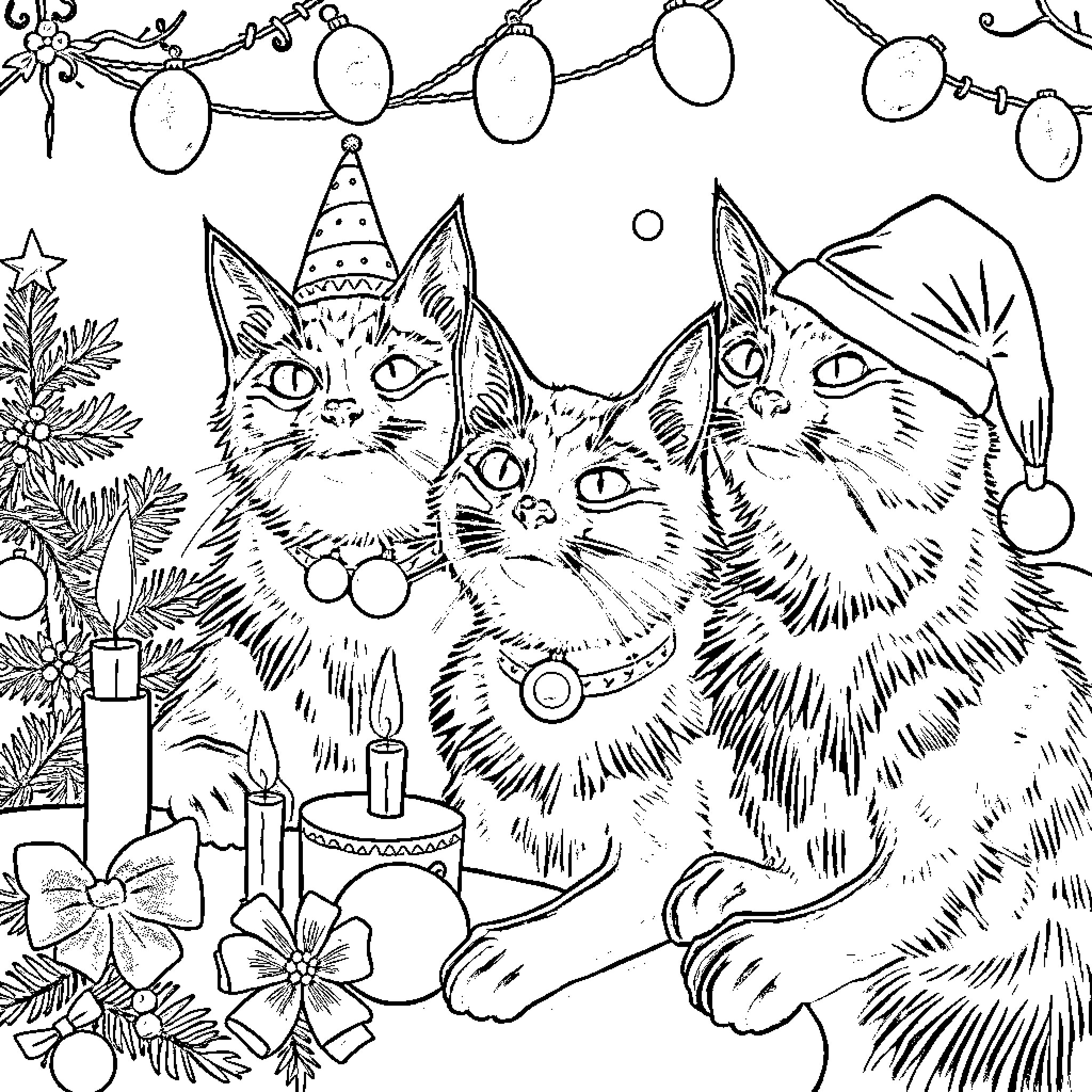 Cats Celebrating the Holiday Season Coloring Page (free black-and-white line drawing printable PDF for all, from beginners to advanced learners, including children, teens, adults, and seniors)