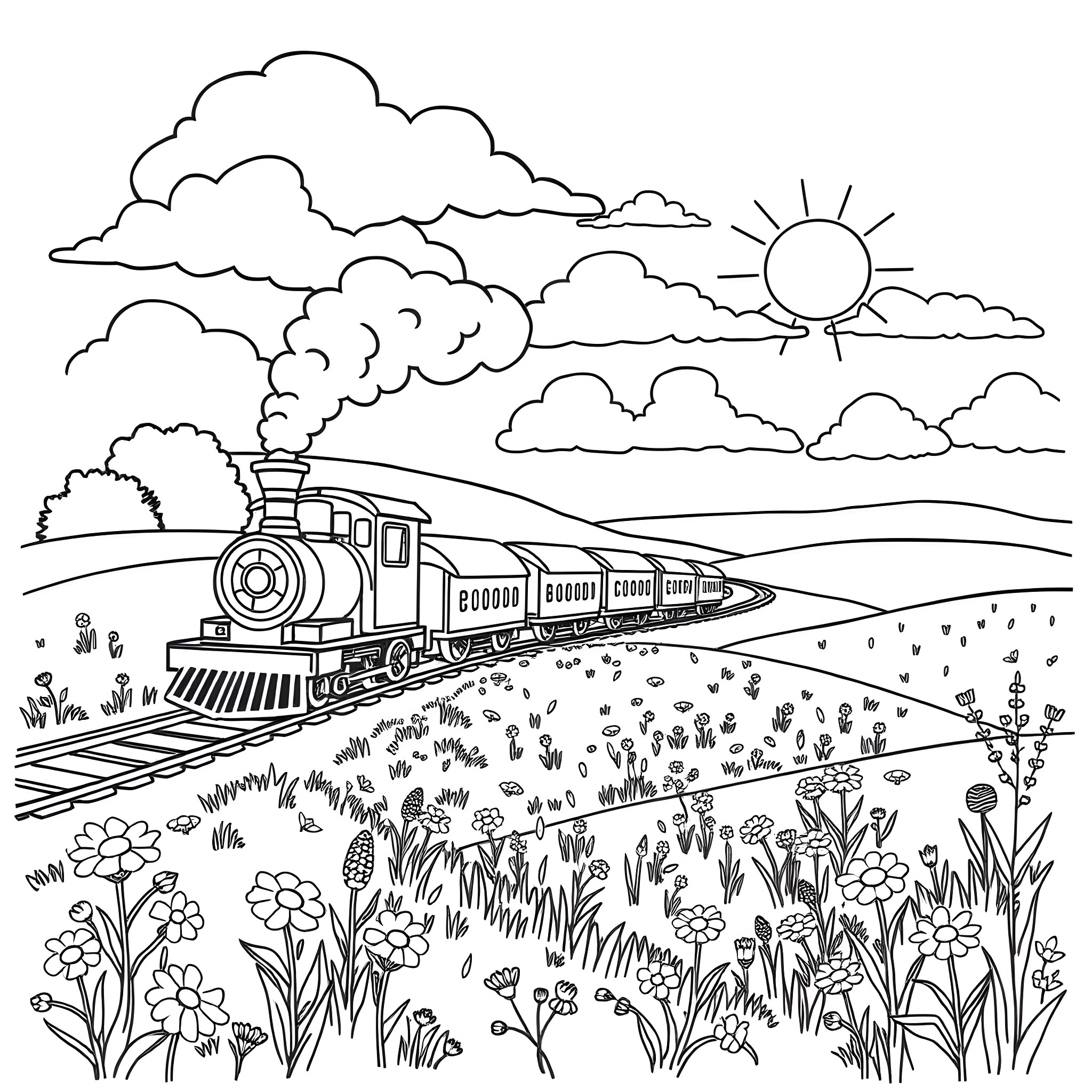 Train traveling through scenic countryside landscape Coloring Page (free black-and-white line drawing printable PDF for all, from beginners to advanced learners, including children, teens, adults, and seniors)