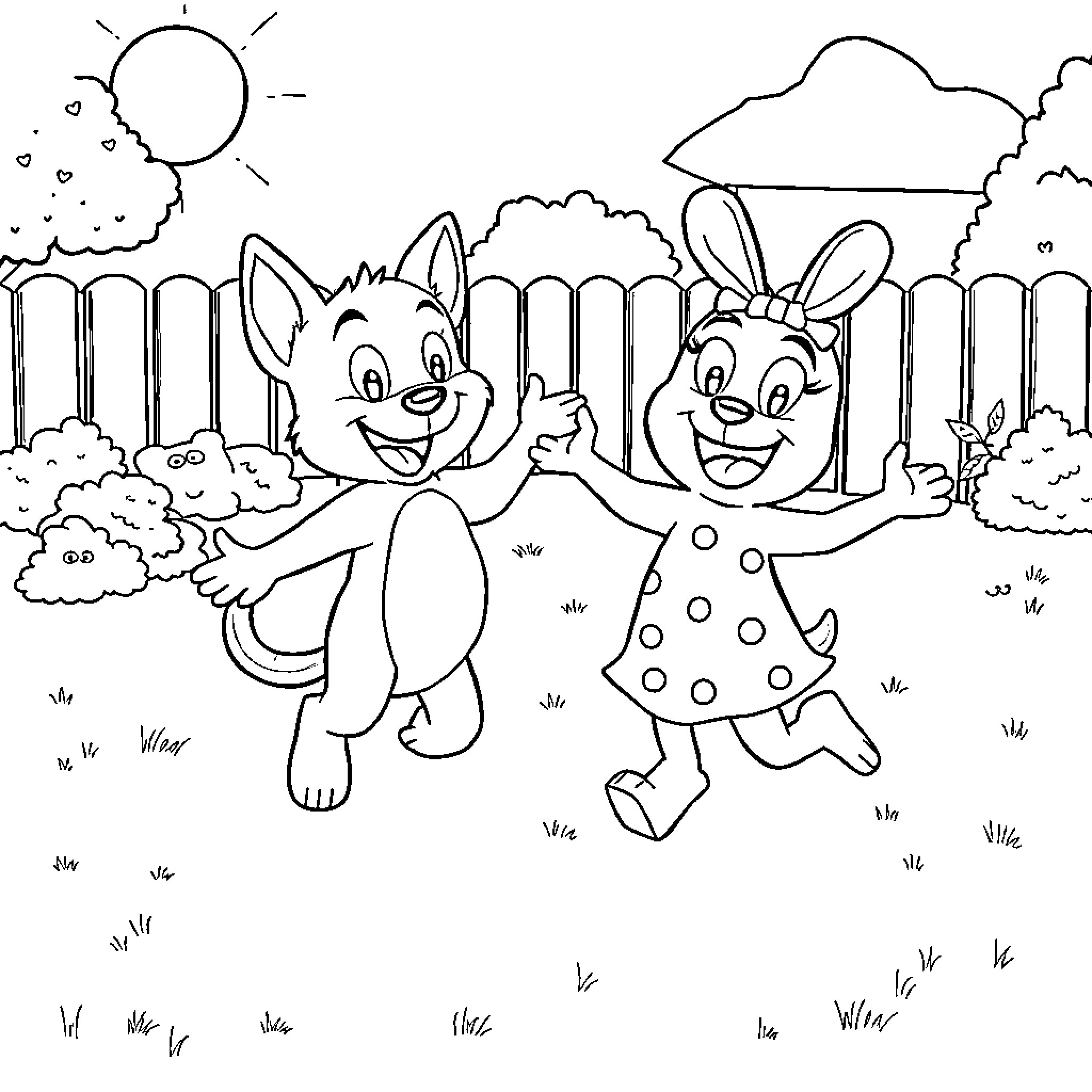 Bluey and Bingo Happily Playing in the Yard Coloring Page (free black-and-white line drawing printable PDF for all, from beginners to advanced learners, including children, teens, adults, and seniors)