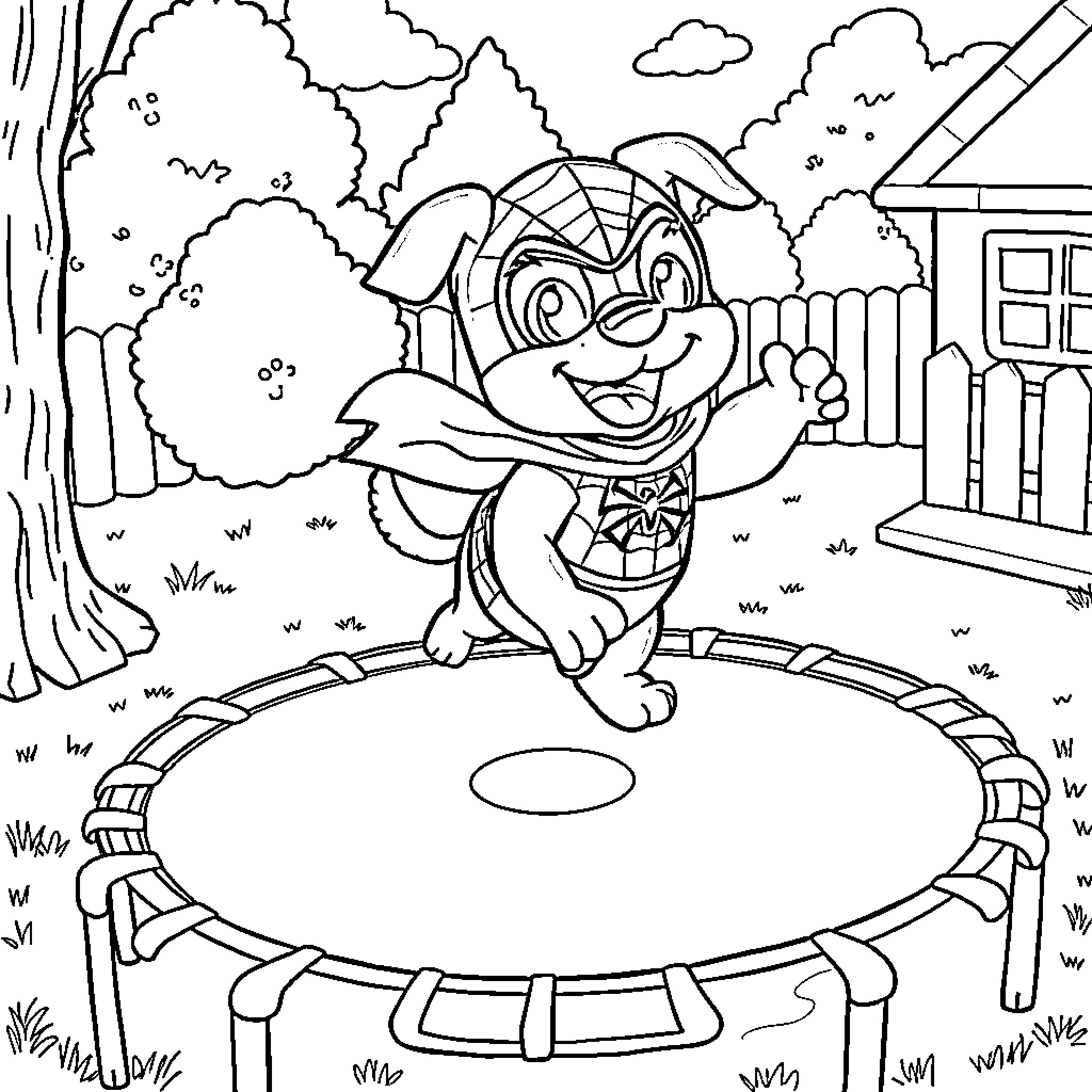 Bluey jumping on a trampoline in the backyard Coloring Page (free black-and-white line drawing printable PDF for all, from beginners to advanced learners, including children, teens, adults, and seniors)