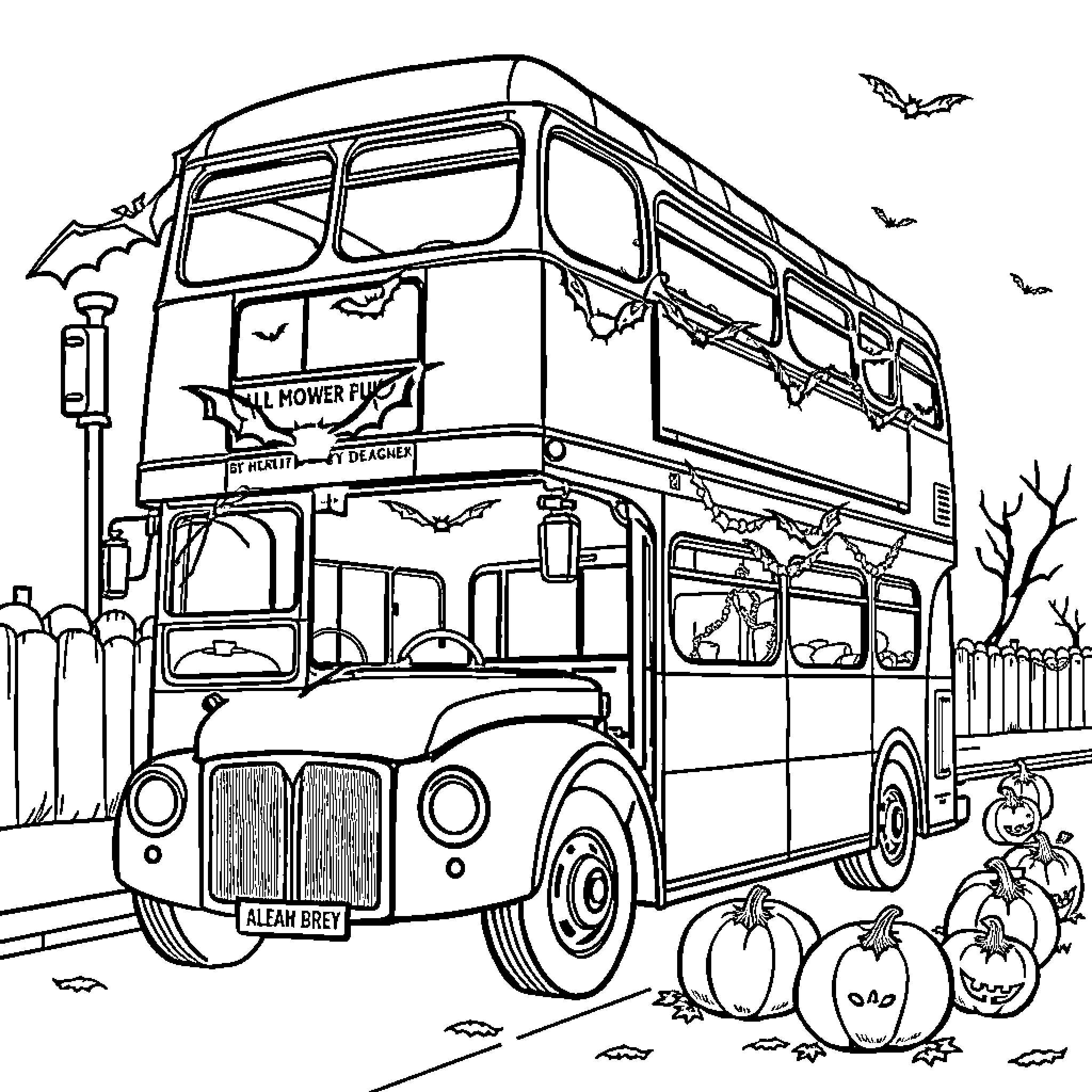 Bus passing through a spooky autumn scene Coloring Page (free black-and-white line drawing printable PDF for all, from beginners to advanced learners, including children, teens, adults, and seniors)