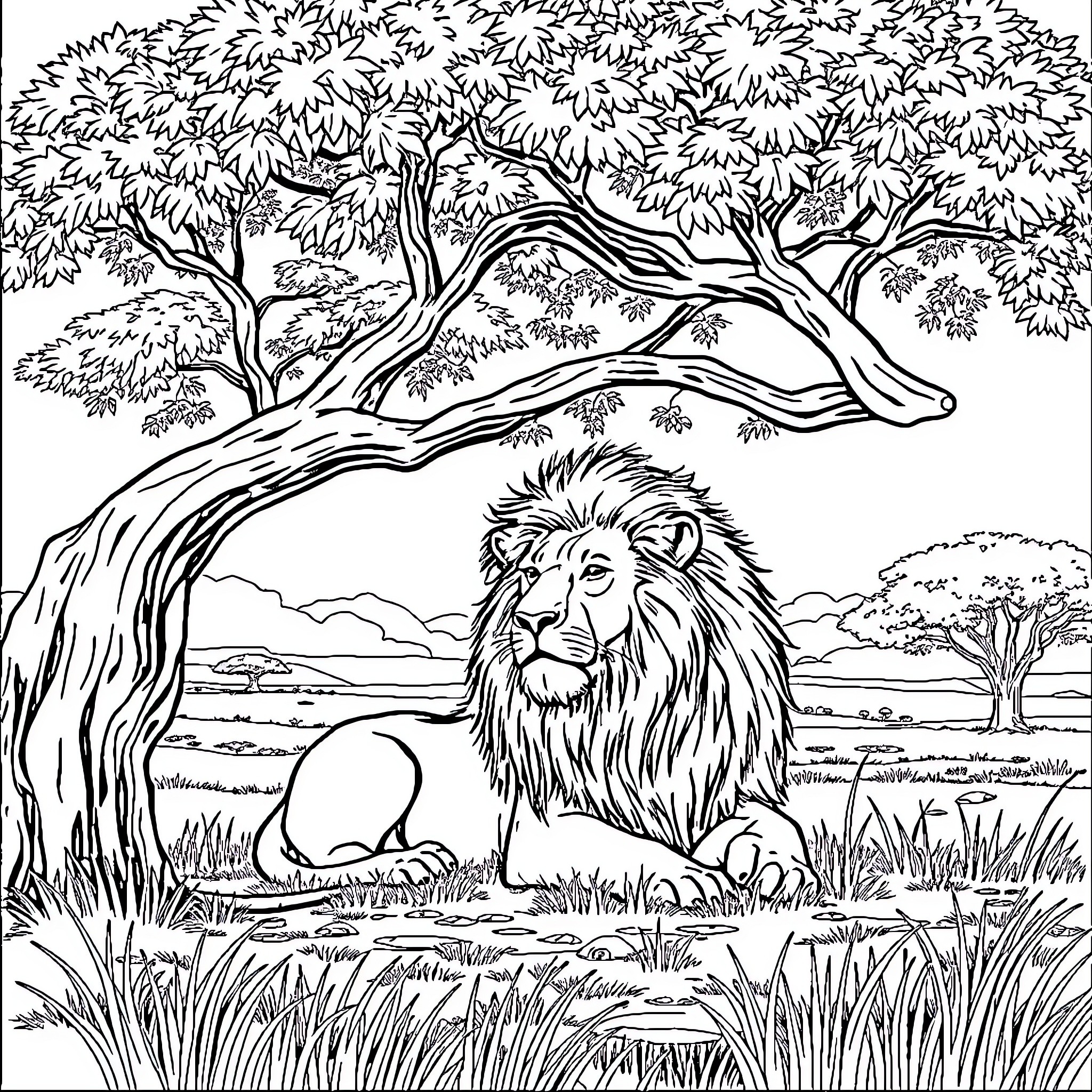 Lion resting peacefully in the lush savanna Coloring Page (free black-and-white line drawing printable PDF for all, from beginners to advanced learners, including children, teens, adults, and seniors)