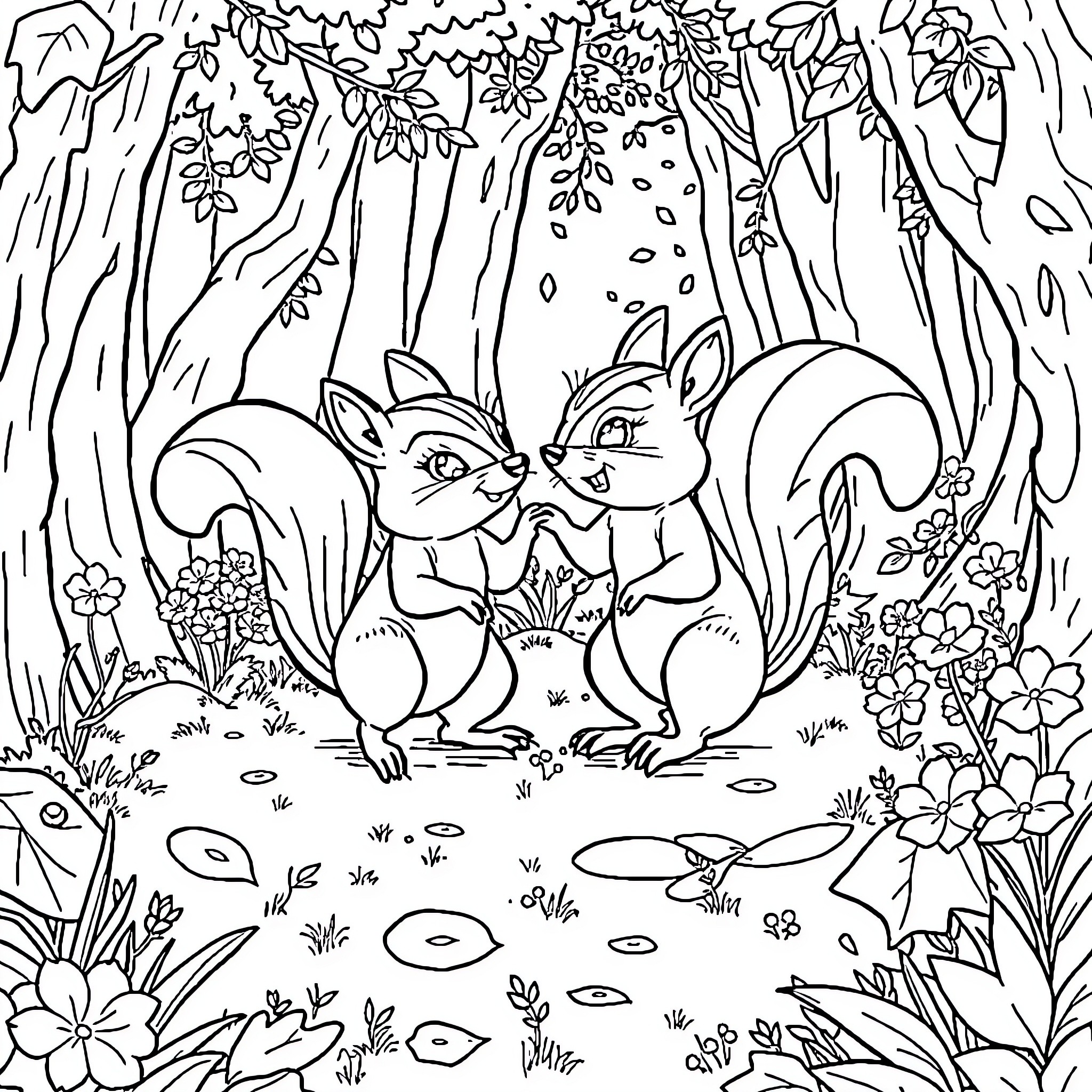 Squirrels exploring the enchanted forest Coloring Page (free black-and-white line drawing printable PDF for all, from beginners to advanced learners, including children, teens, adults, and seniors)