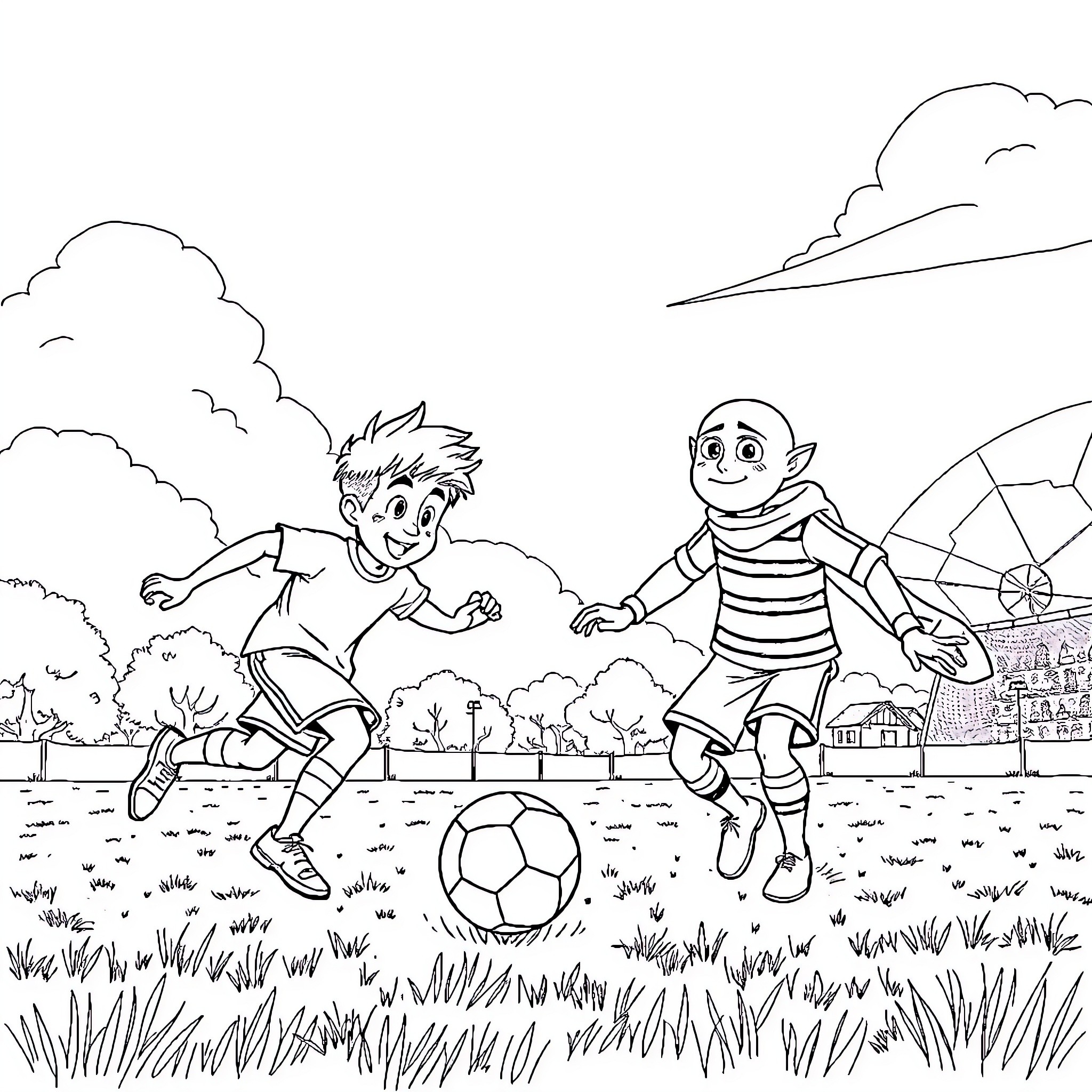 Balthazar and Friend Playing Soccer on the Field Coloring Page (free black-and-white line drawing printable PDF for all, from beginners to advanced learners, including children, teens, adults, and seniors)