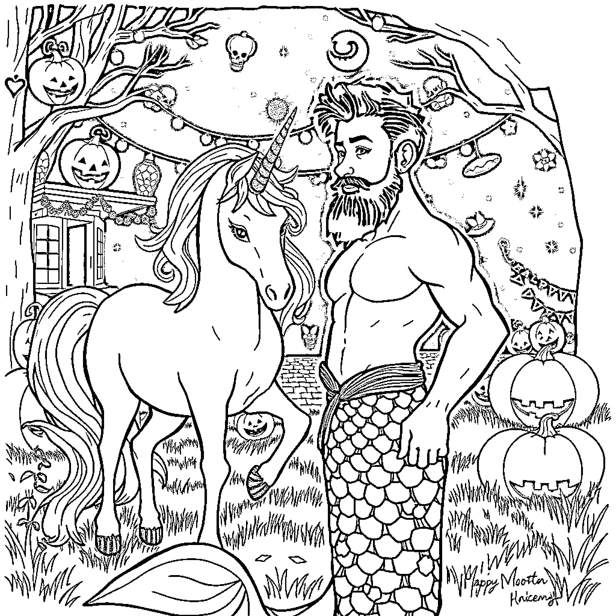 Mermaid and Merman Celebrating Halloween Together Coloring Page (free black-and-white line drawing printable PDF for all, from beginners to advanced learners, including children, teens, adults, and seniors)
