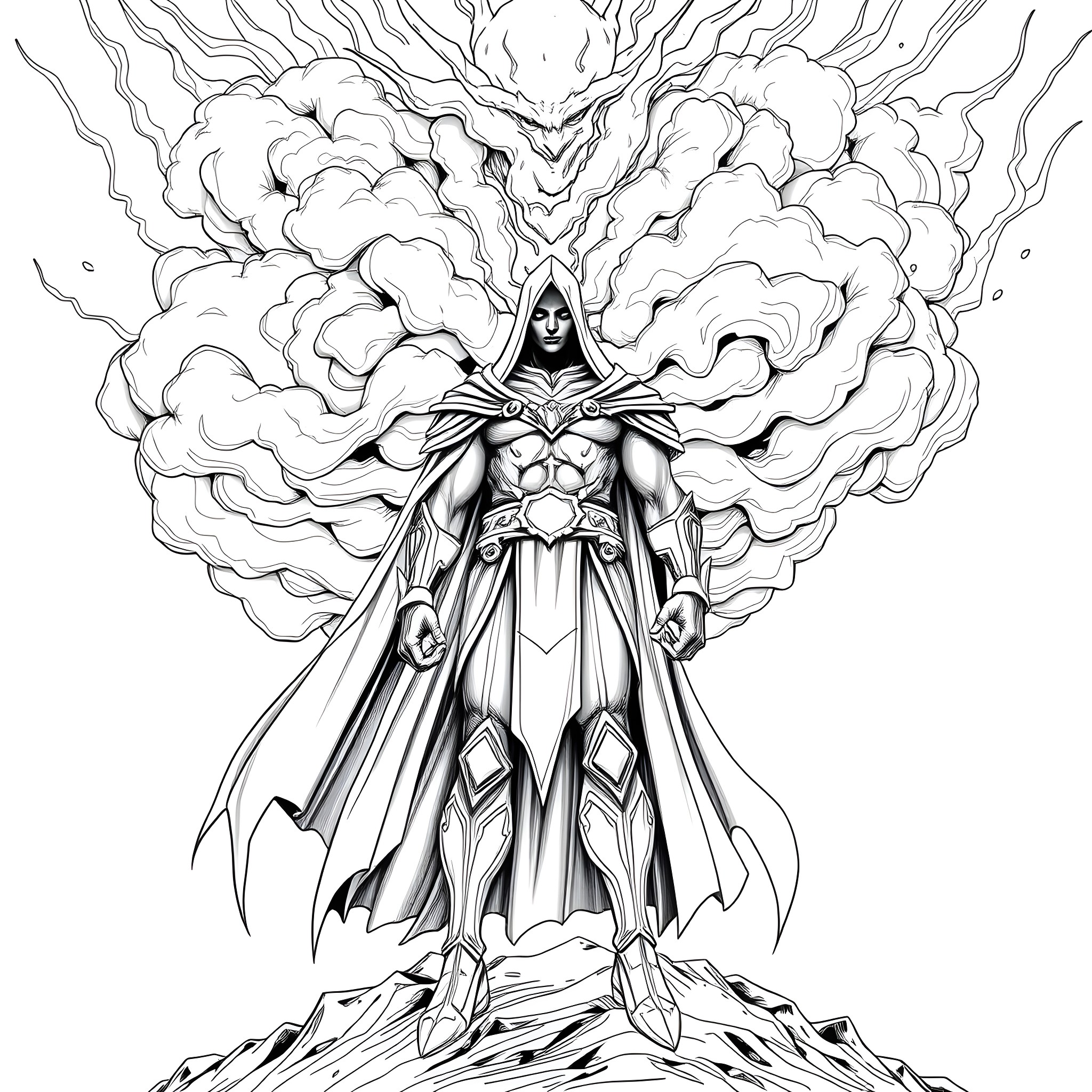 Nemesis: The Wrathful Deity Enveloped in Cosmic Flames Coloring Page (free black-and-white line drawing printable PDF for all, from beginners to advanced learners, including children, teens, adults, and seniors)