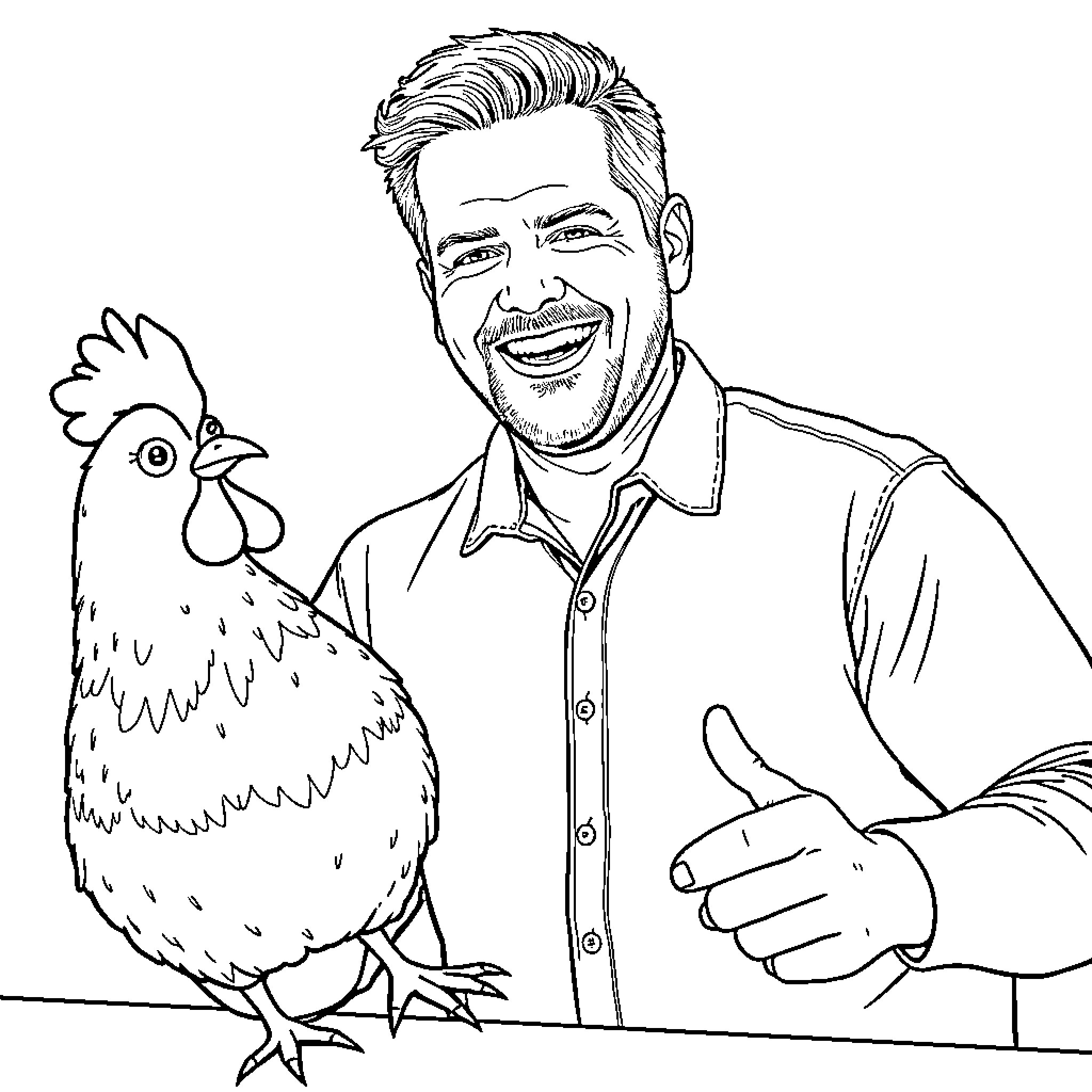 Chris O'Donnell smiling and interacting with a chicken Coloring Page (free black-and-white line drawing printable PDF for all, from beginners to advanced learners, including children, teens, adults, and seniors)