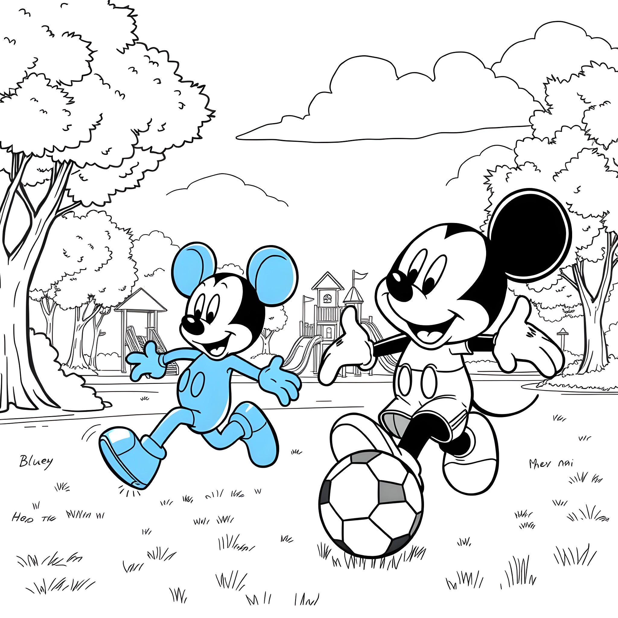 Bluey and Mickey Mouse playing in the park Coloring Page (free black-and-white line drawing printable PDF for all, from beginners to advanced learners, including children, teens, adults, and seniors)