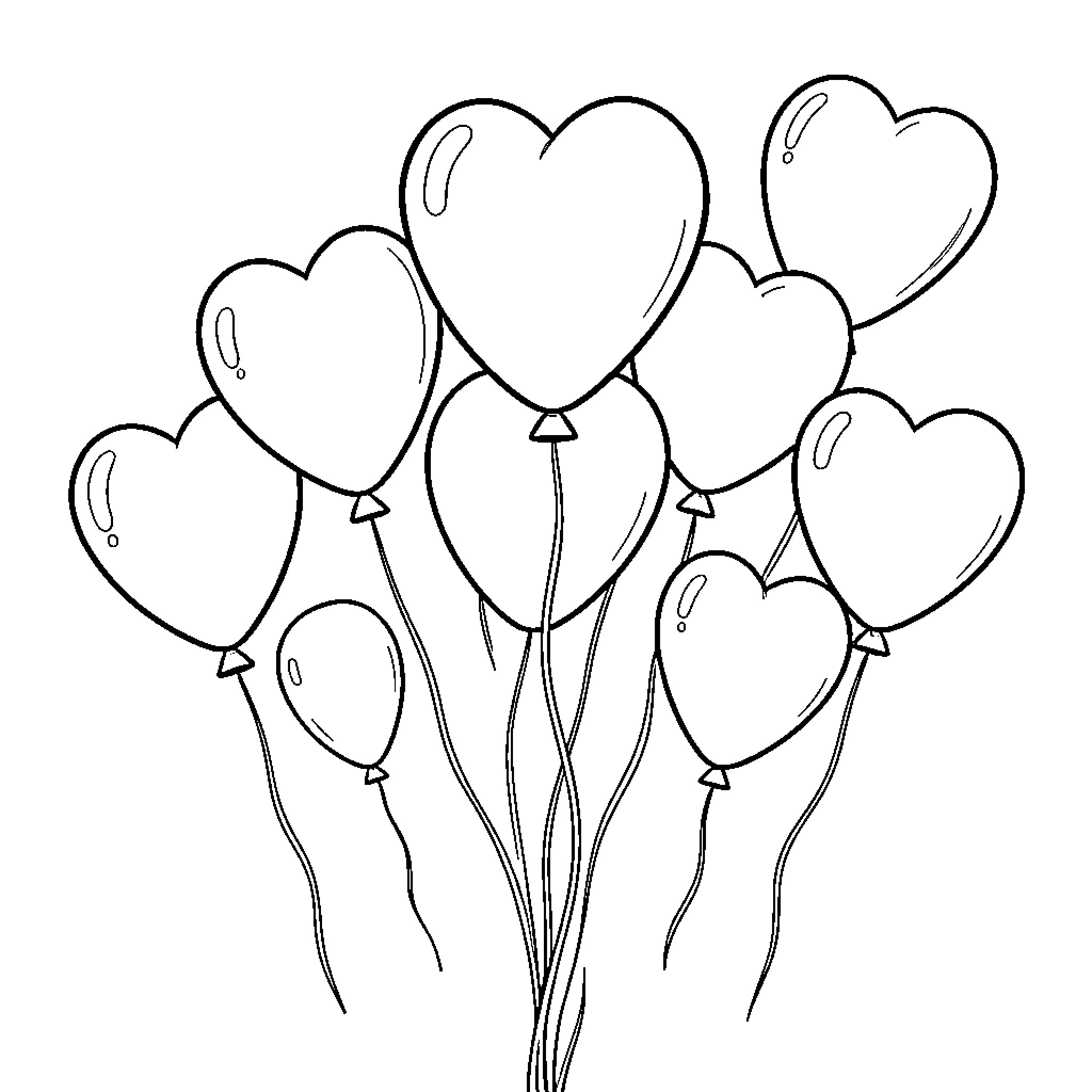 Heart Balloon floating upwards in a cluster Coloring Page (free black-and-white line drawing printable PDF for all, from beginners to advanced learners, including children, teens, adults, and seniors)