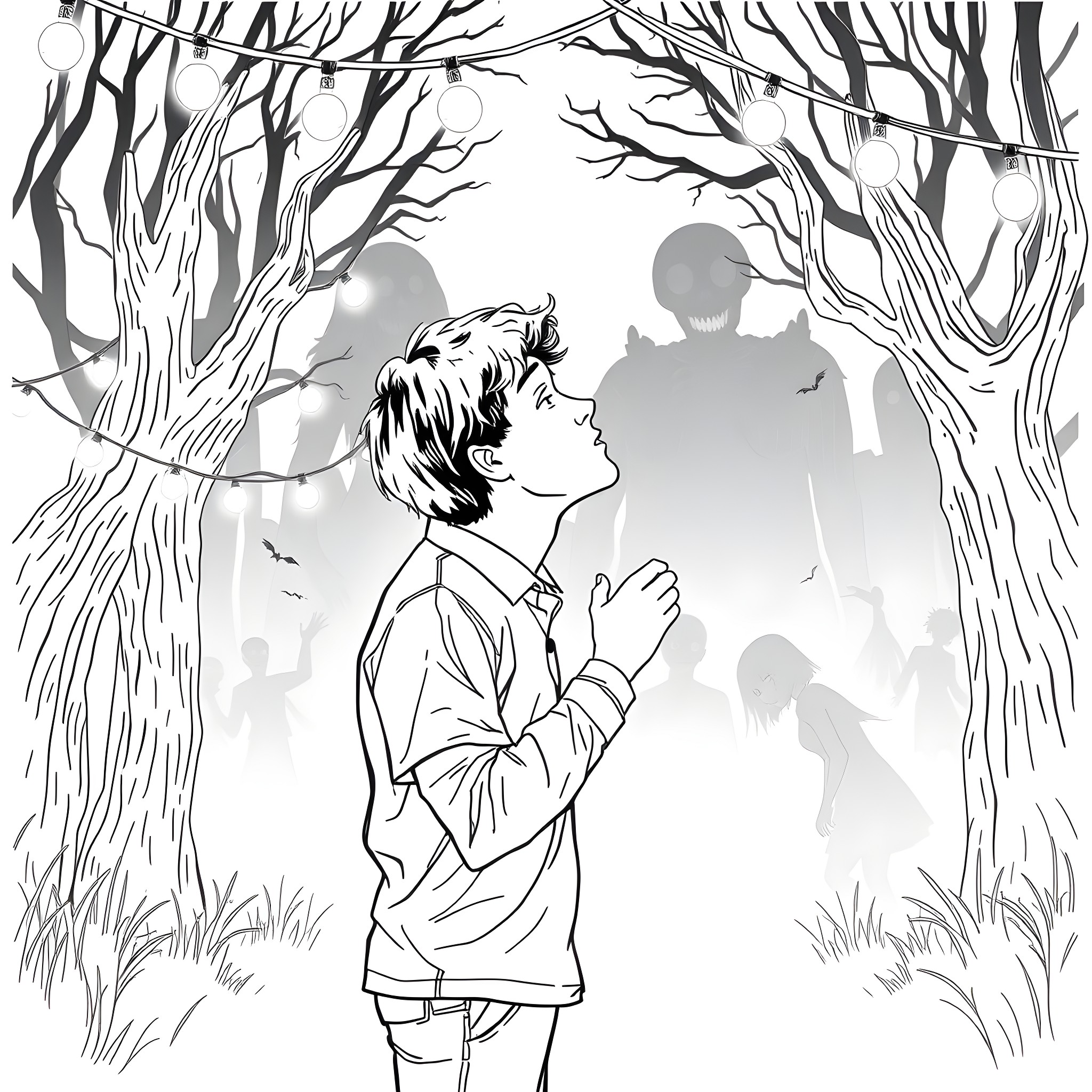 Will explore the mysterious forest with shadows Coloring Page (free black-and-white line drawing printable PDF for all, from beginners to advanced learners, including children, teens, adults, and seniors)