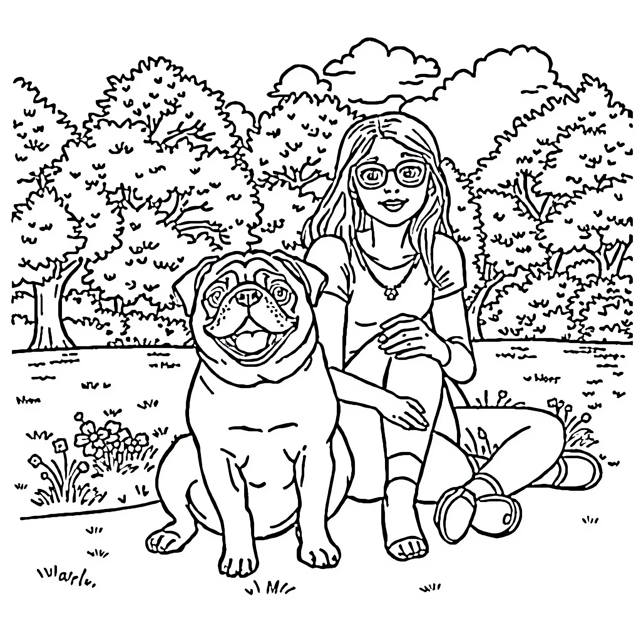 Pug enjoying an outdoor adventure with owner Coloring Page (free black-and-white line drawing printable PDF for all, from beginners to advanced learners, including children, teens, adults, and seniors)