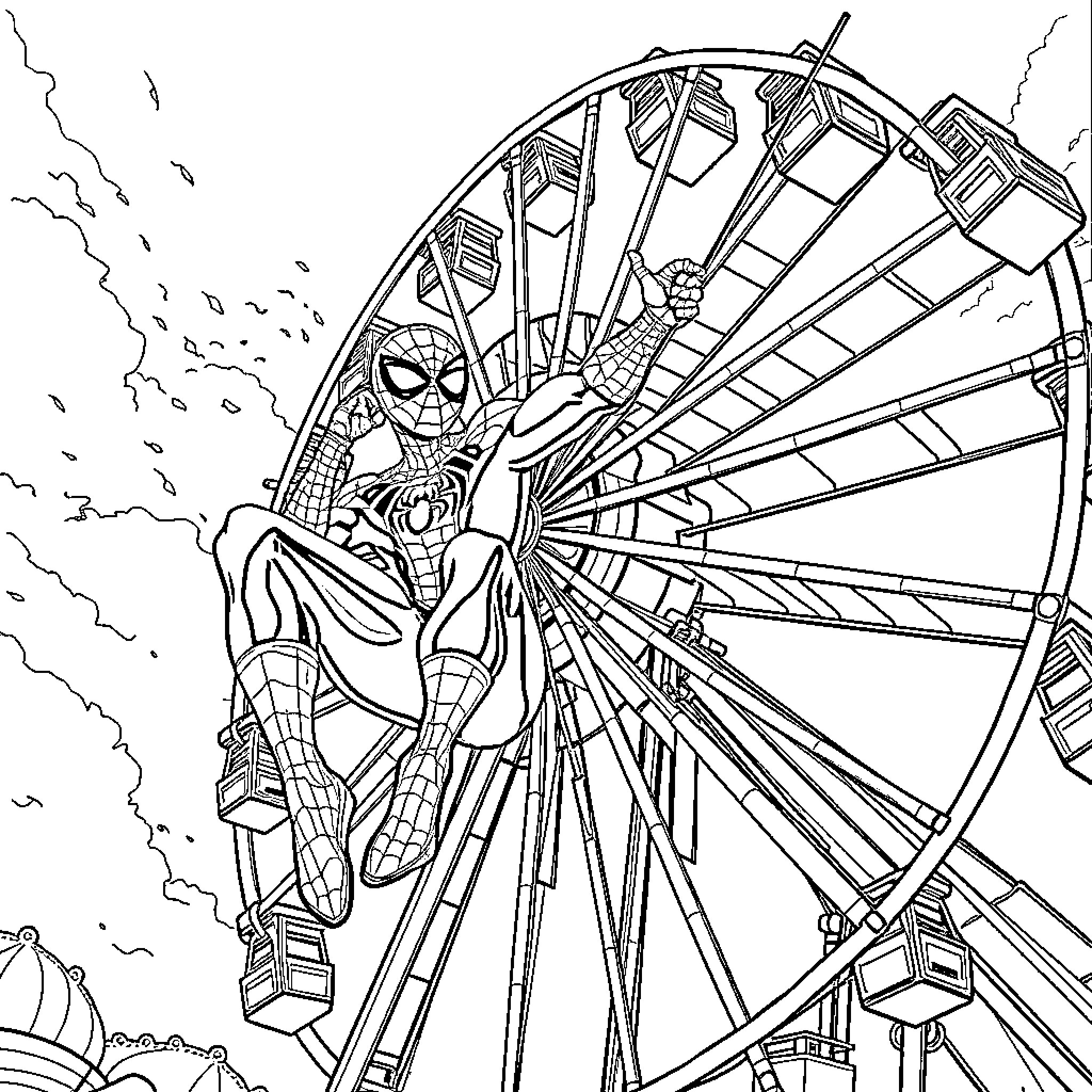 Spider-Man swinging on a web through the city Coloring Page (free black-and-white line drawing printable PDF for all, from beginners to advanced learners, including children, teens, adults, and seniors)
