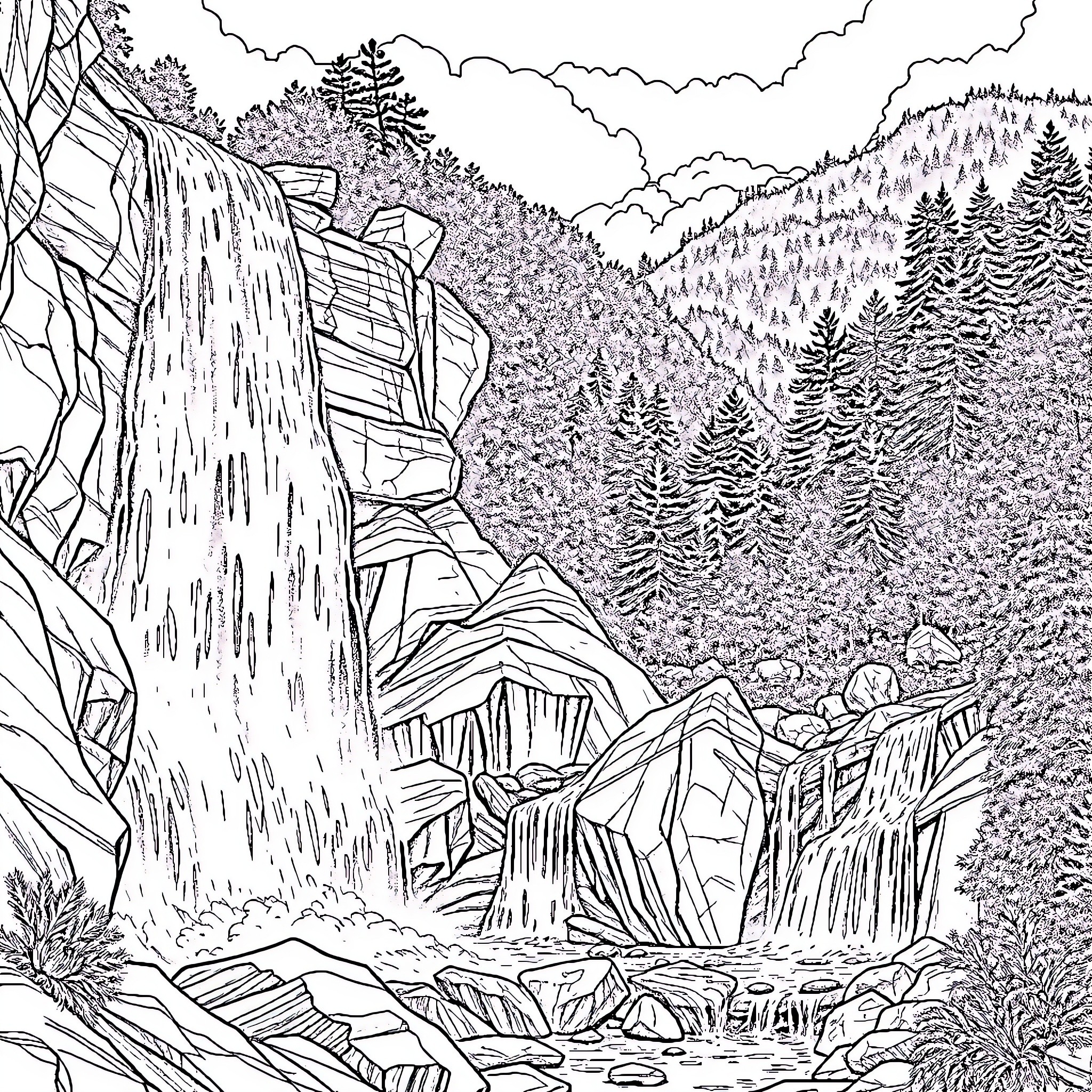 Waterfall flowing through rugged mountain landscape Coloring Page (free black-and-white line drawing printable PDF for all, from beginners to advanced learners, including children, teens, adults, and seniors)