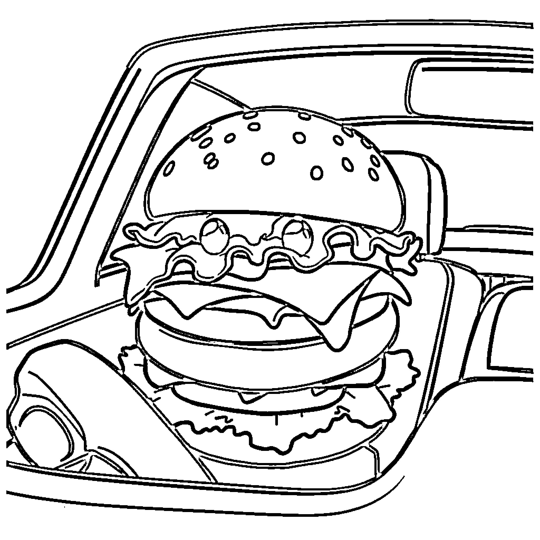 Cheeseburger in classic car Coloring Page (free black-and-white line drawing printable PDF for all, from beginners to advanced learners, including children, teens, adults, and seniors)