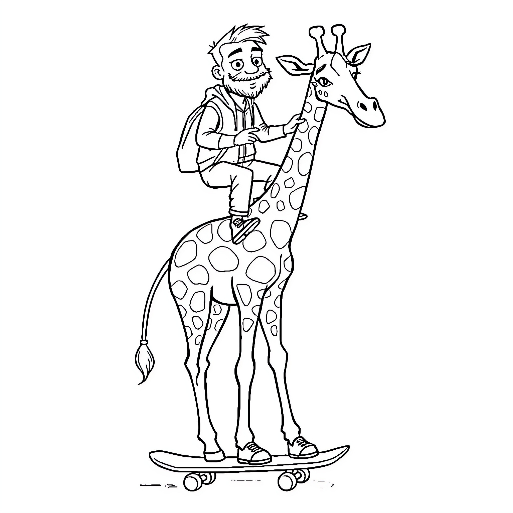 Giraffe and human riding skateboard together Coloring Page (free black-and-white line drawing printable PDF for all, from beginners to advanced learners, including children, teens, adults, and seniors)