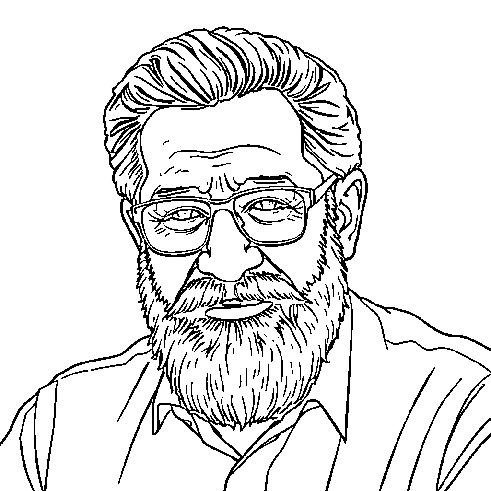 Paulo Freire in a thoughtful pose with glasses and a beard Coloring Page (free black-and-white line drawing printable PDF for all, from beginners to advanced learners, including children, teens, adults, and seniors)