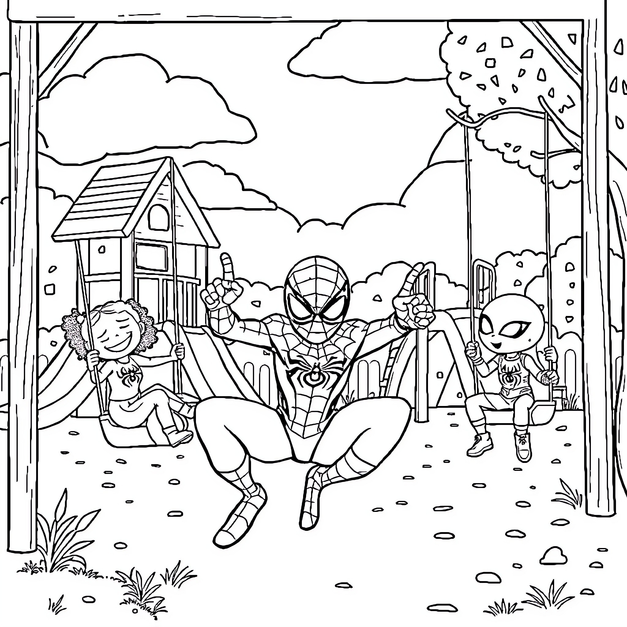 Spidey's Adventurous Outdoor Escapades Coloring Page (free black-and-white line drawing printable PDF for all, from beginners to advanced learners, including children, teens, adults, and seniors)