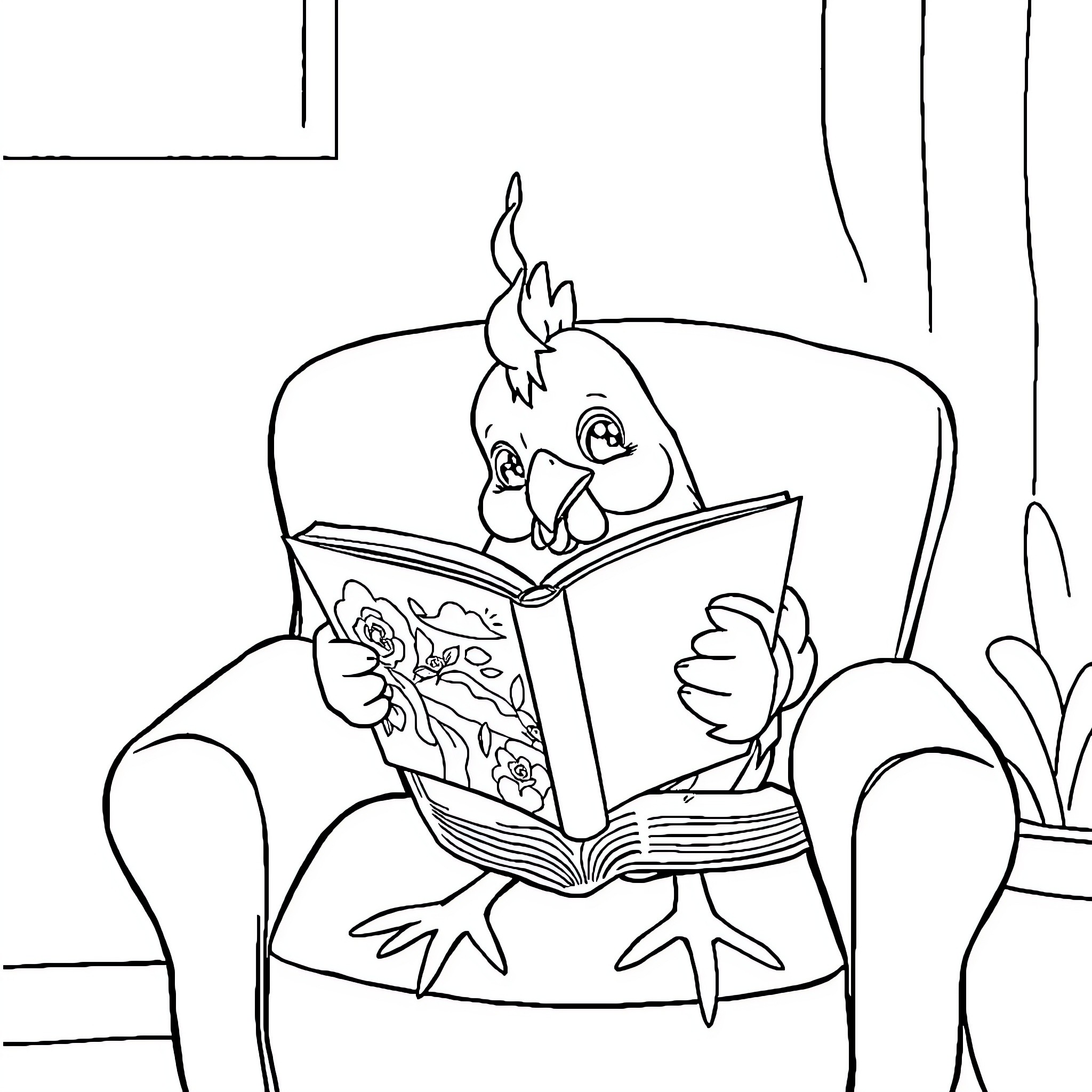 Chicken reading a storybook in an armchair Coloring Page (free black-and-white line drawing printable PDF for all, from beginners to advanced learners, including children, teens, adults, and seniors)