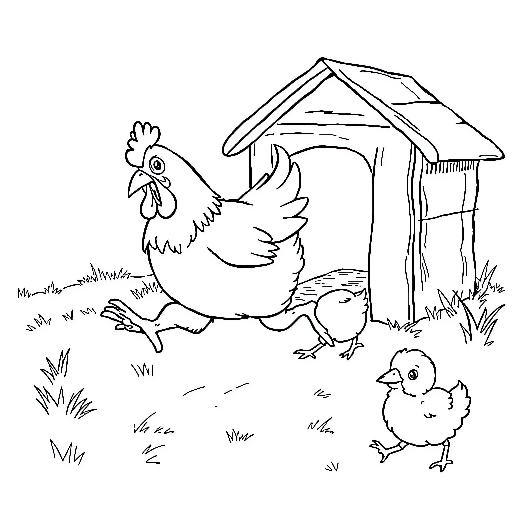 Chicken and chicks in the farmyard Coloring Page (free black-and-white line drawing printable PDF for all, from beginners to advanced learners, including children, teens, adults, and seniors)