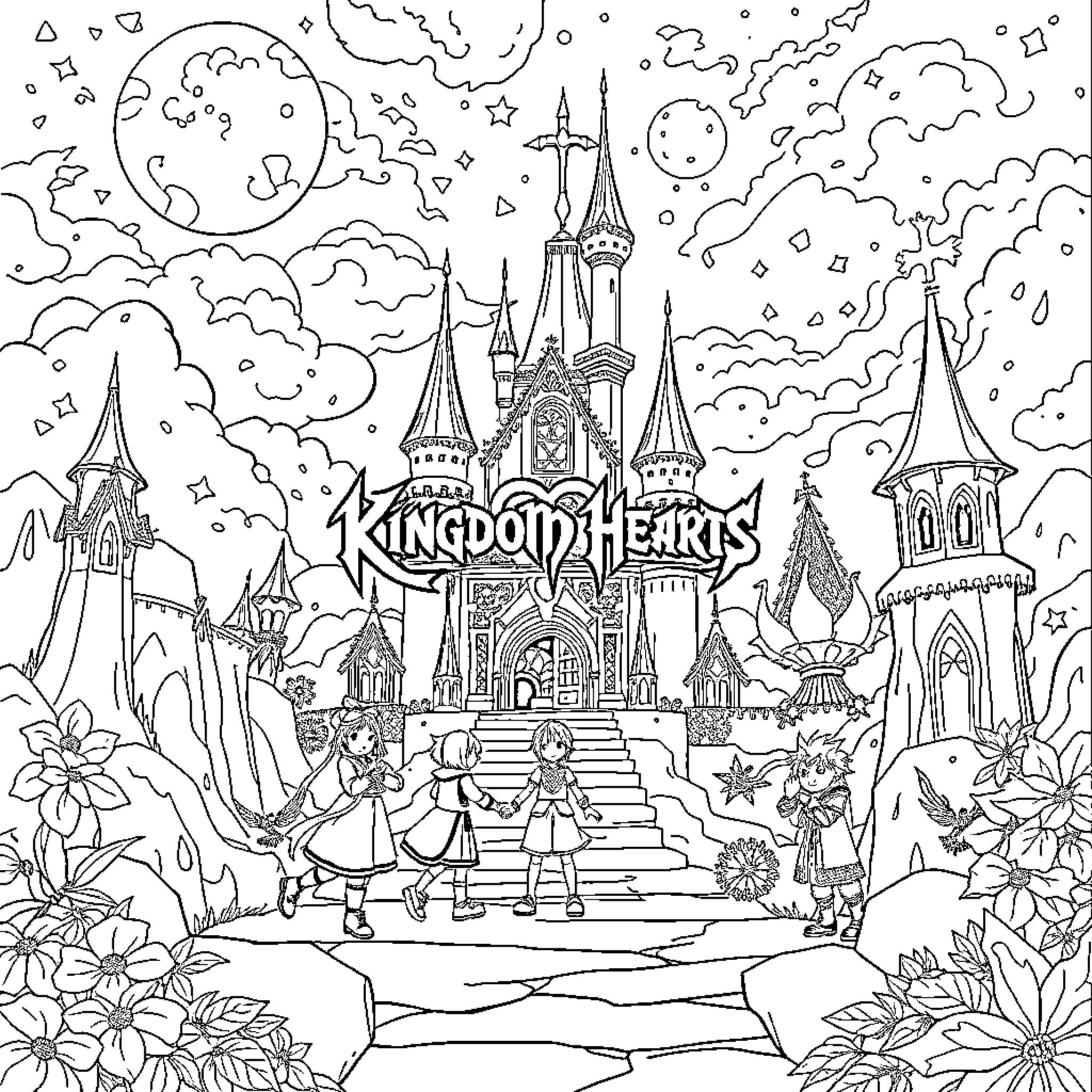 Kingdom Hearts: Magical Castle and Whimsical Characters Coloring Page (free black-and-white line drawing printable PDF for all, from beginners to advanced learners, including children, teens, adults, and seniors)