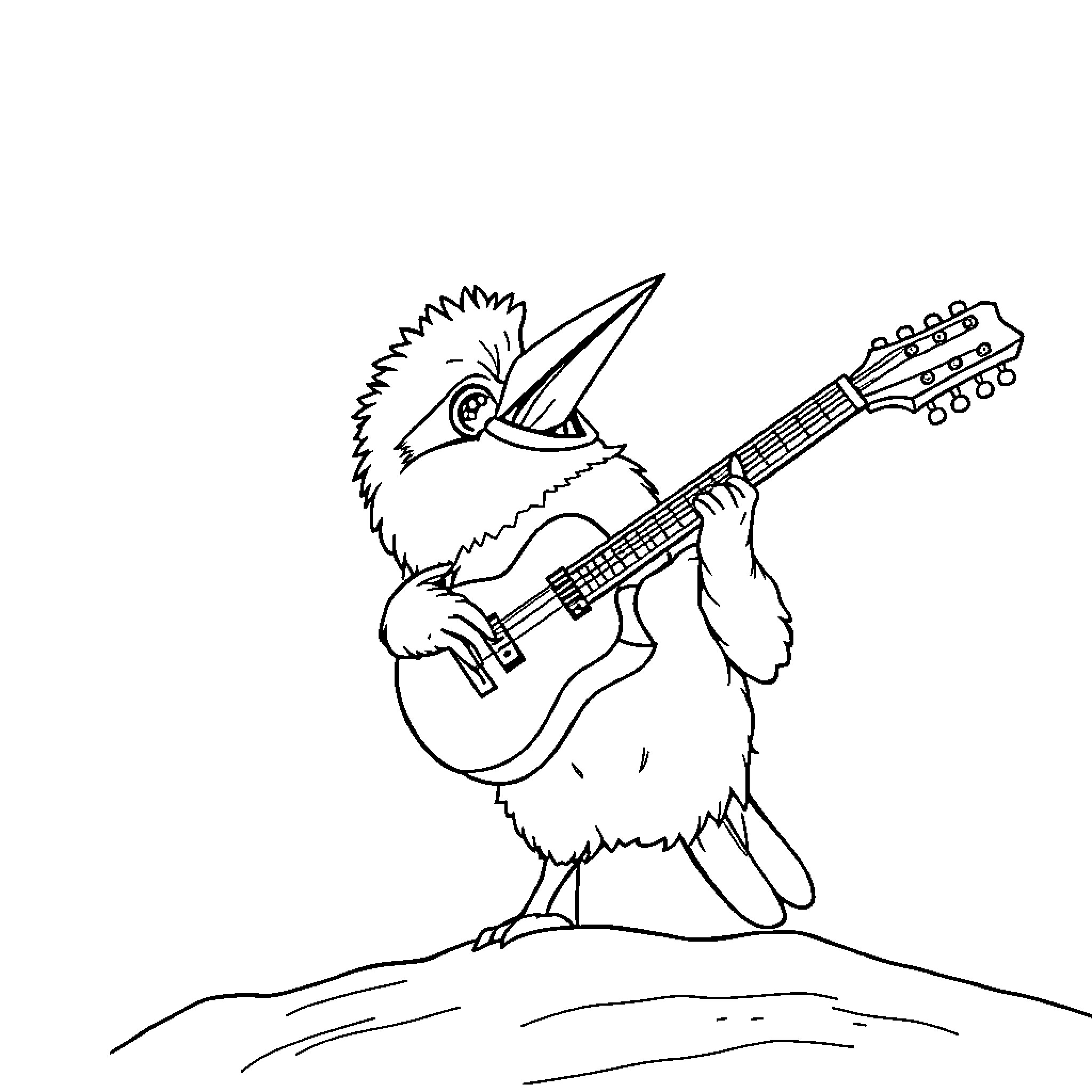 Kookaburra playing guitar on a hill Coloring Page (free black-and-white line drawing printable PDF for all, from beginners to advanced learners, including children, teens, adults, and seniors)